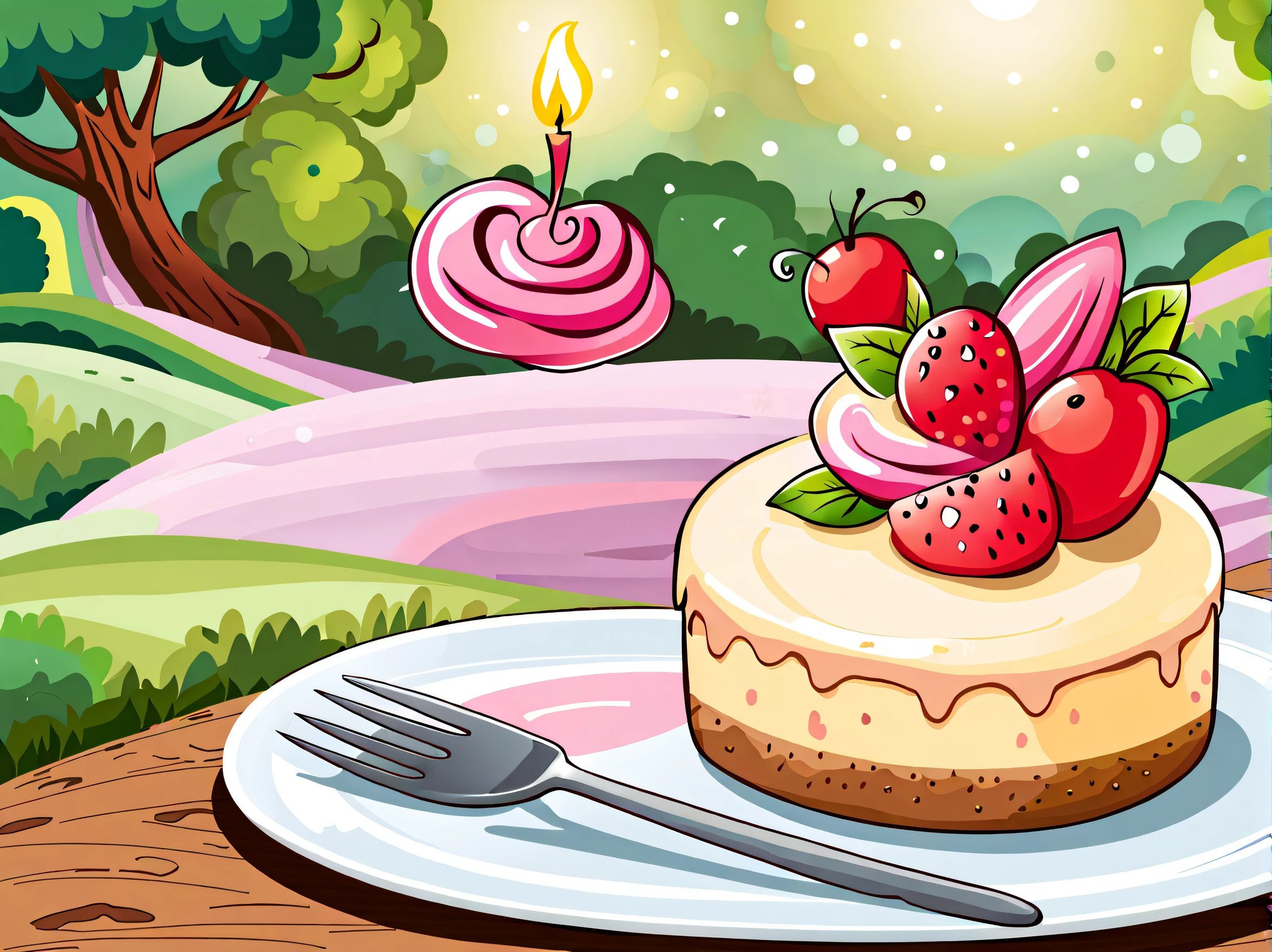 stunning fairy tale illustration, princess costume cheesecake, fork and knife, plate, three-quarter view, crayon drawing, thick coating, pastel colors, high resolution,