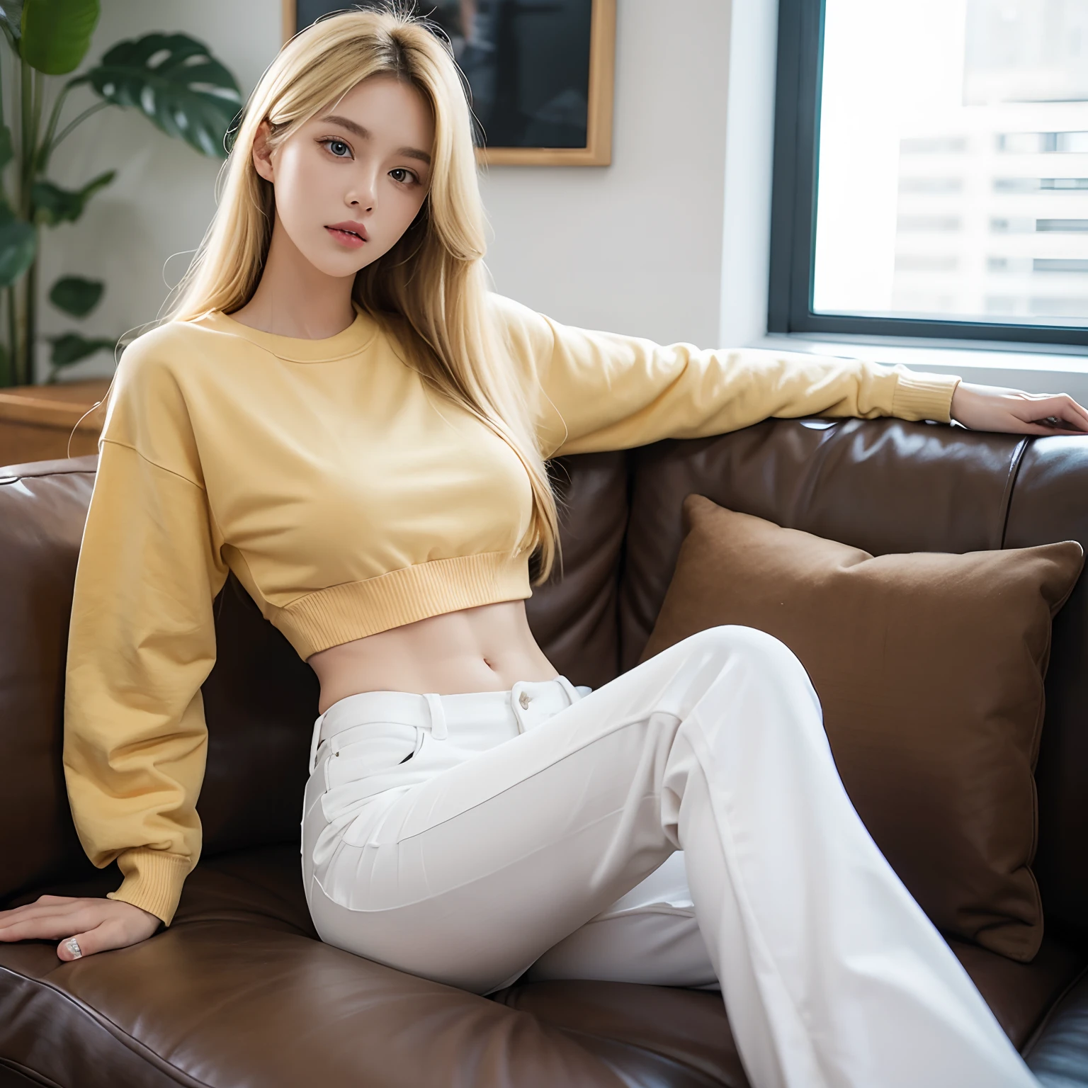 A blonde girl with long blonde hair. Thin and sexy body. wearing tight pants and a casual sweatshirt. Sitting on a sofa at her home