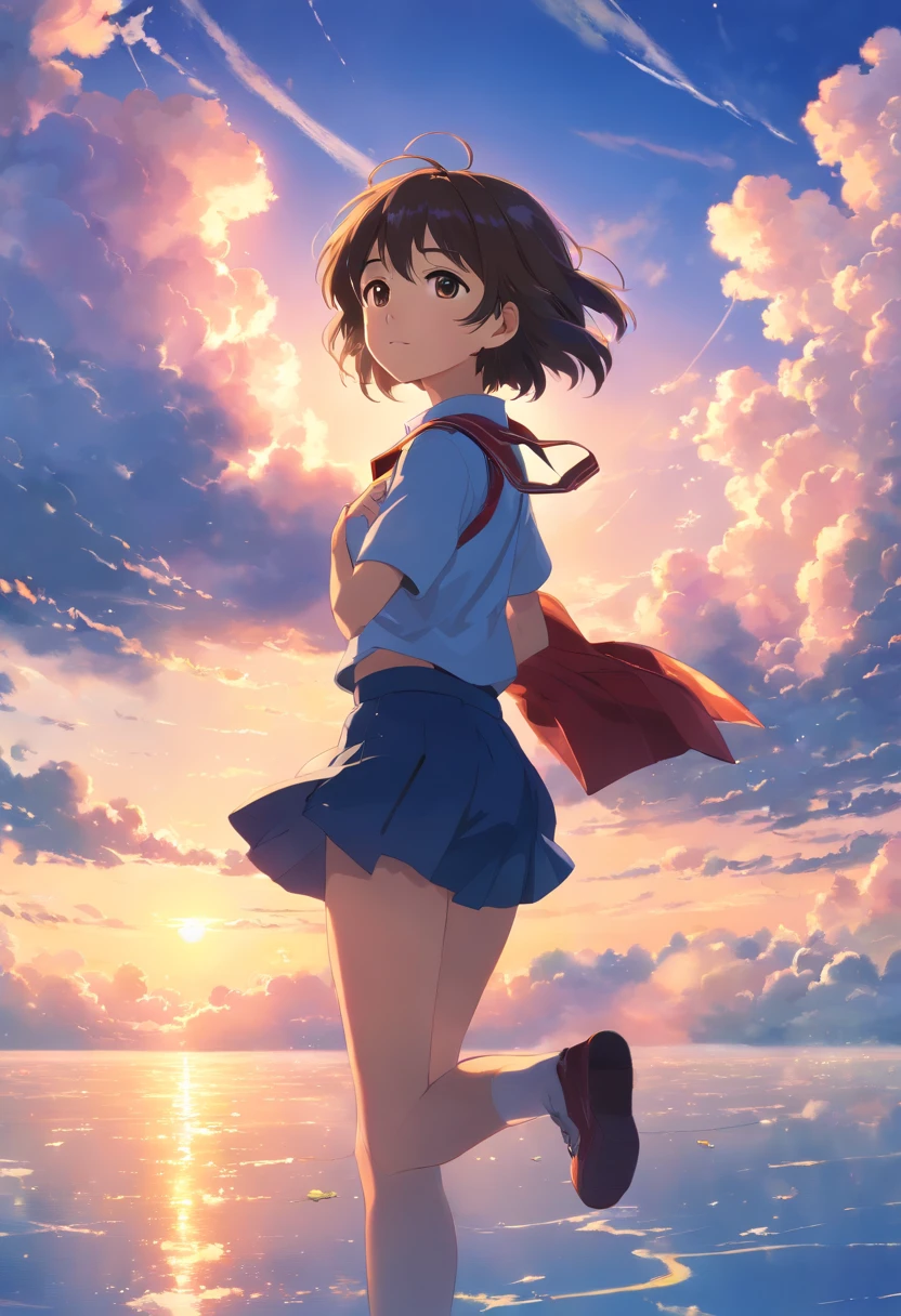 (best quality,highres,masterpiece:1.2),cinematic still,1girl,cloud boy,hovering in the sky,close-up,bright,happy,warm soft lighting,sunset,(spark:0.7),a high school boy in uniform