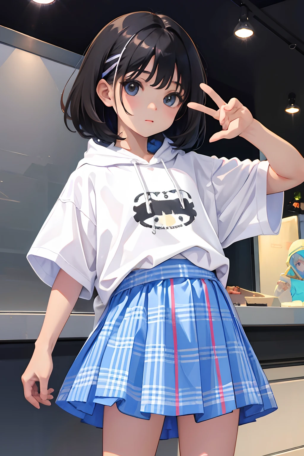 (child),(masterpiece,Highest Quality),Pastel hoodies with short sleeves,(gingham checked skirt),A dark-haired,World of toys