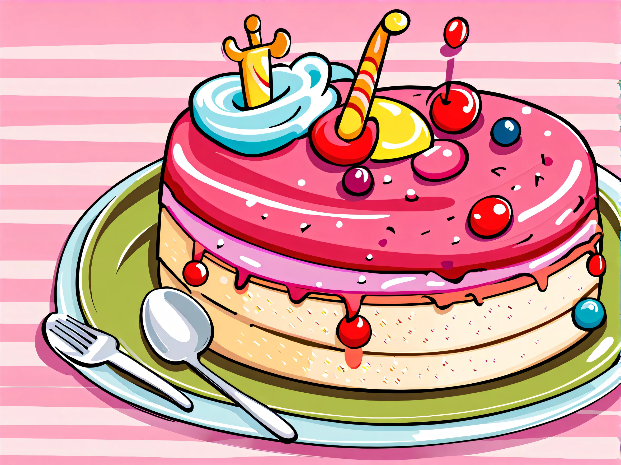 stunning fairy tale illustration, princess costume cheesecake, fork and knife, plate, three-quarter view, crayon drawing, thick coating, pastel colors, high resolution,