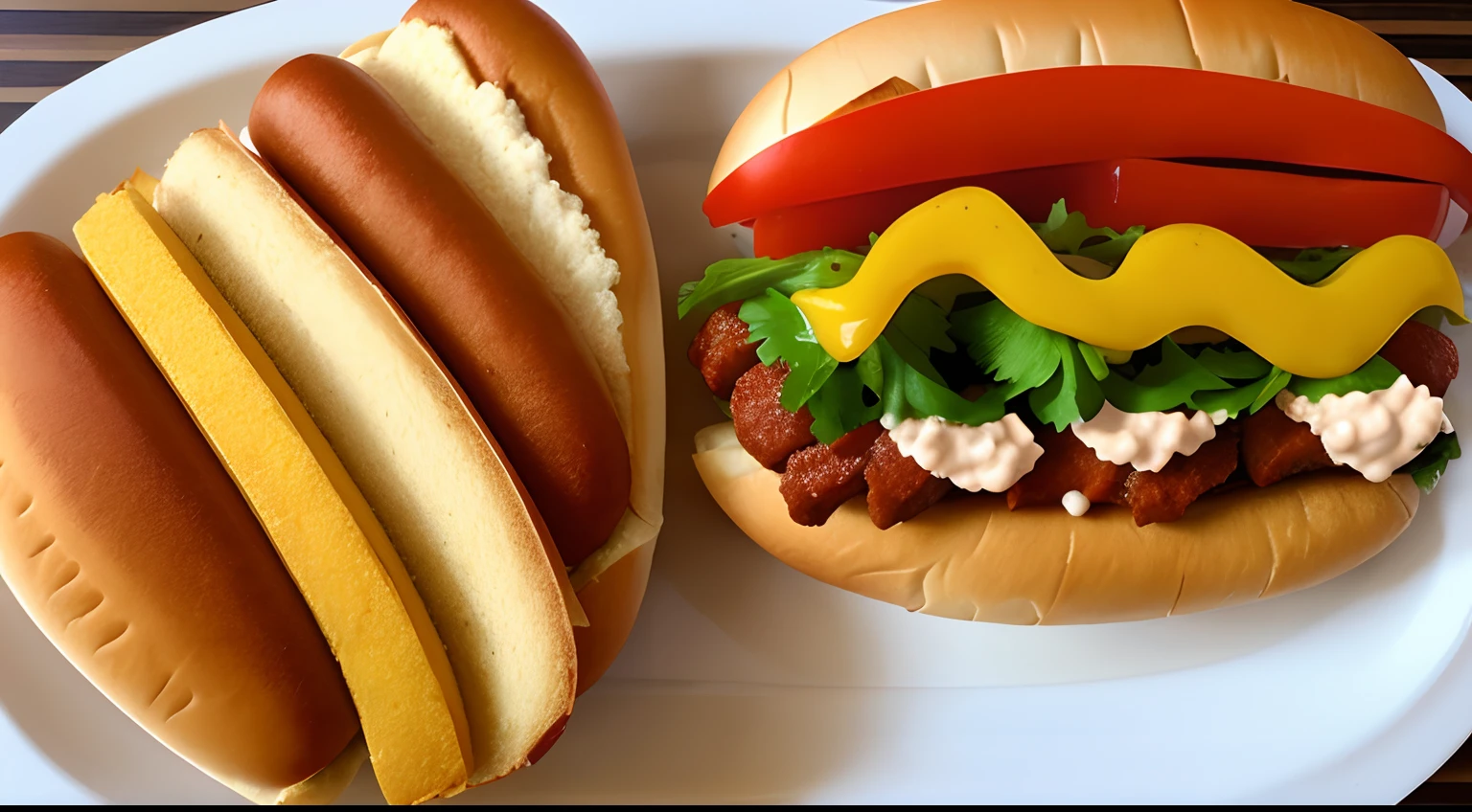 hotdog , pao, ketchupe, mostrarda, pure de batatas, batata palha,  3 salsichas, tudo realista