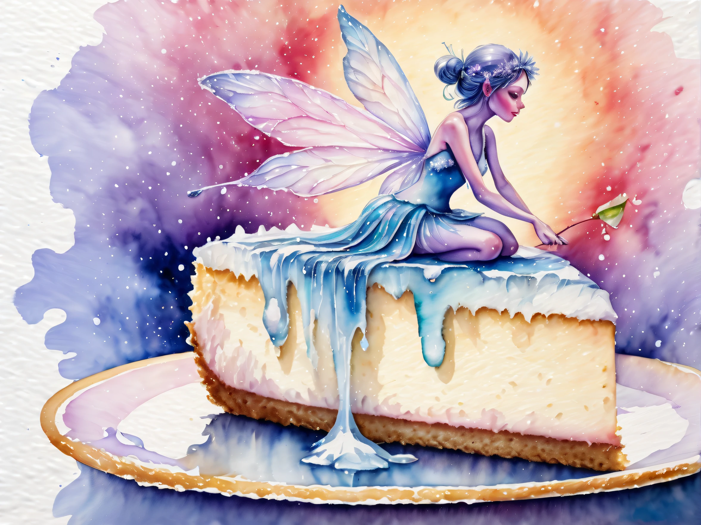 watercolor masterpiece that captures the essence a fairy on the cheesecake, around pretty ice flower, three-quarter view, thick coating, pastel colors, intricate insane detailed, high resolution, watercolor technique used, stunning watercolor painting, stunning and true masterpiece,