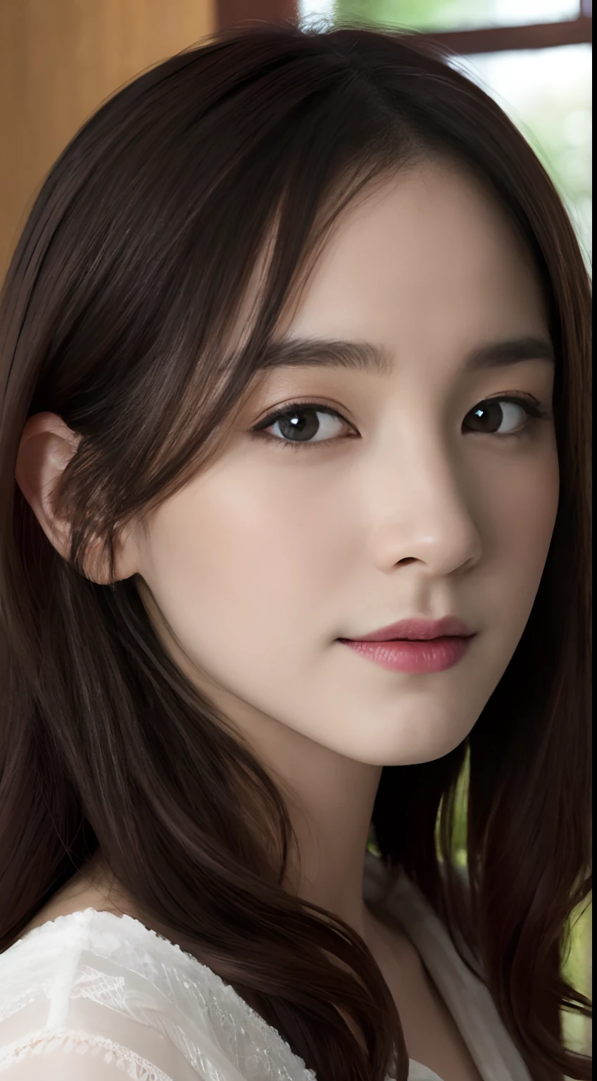 (A hyper-realistic), (hight resolution), (8K), (ighly detailed), (beatiful detailed eyes), (top-quality), (ultra-detailliert), (masterpiece), (Detailed face), selfee、faces、softfocus、japanes, Wearing chimachogori、Daytime、chies、stain glass、face of emma watson、pose sensual、Colossal tits、veils