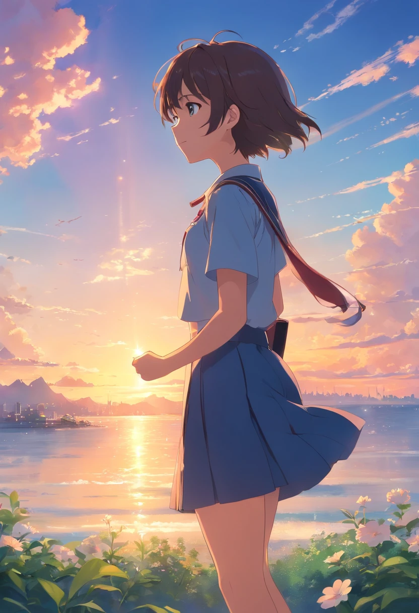 masterpiece、top-quality、Movie stills、1girl、Cloud Boy、floating in sky、a closeup、发光、happiness、Warm soft lighting、the setting sun、(Spark:0.7)、High school boy in uniform