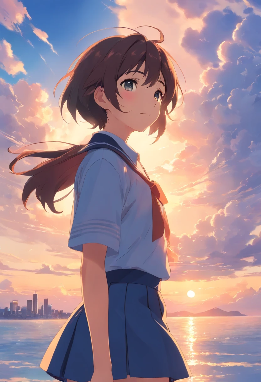 masterpiece、top-quality、Movie stills、1girl、Cloud Boy、floating in sky、a closeup、发光、happiness、Warm soft lighting、the setting sun、(Spark:0.7)、High school boy in uniform