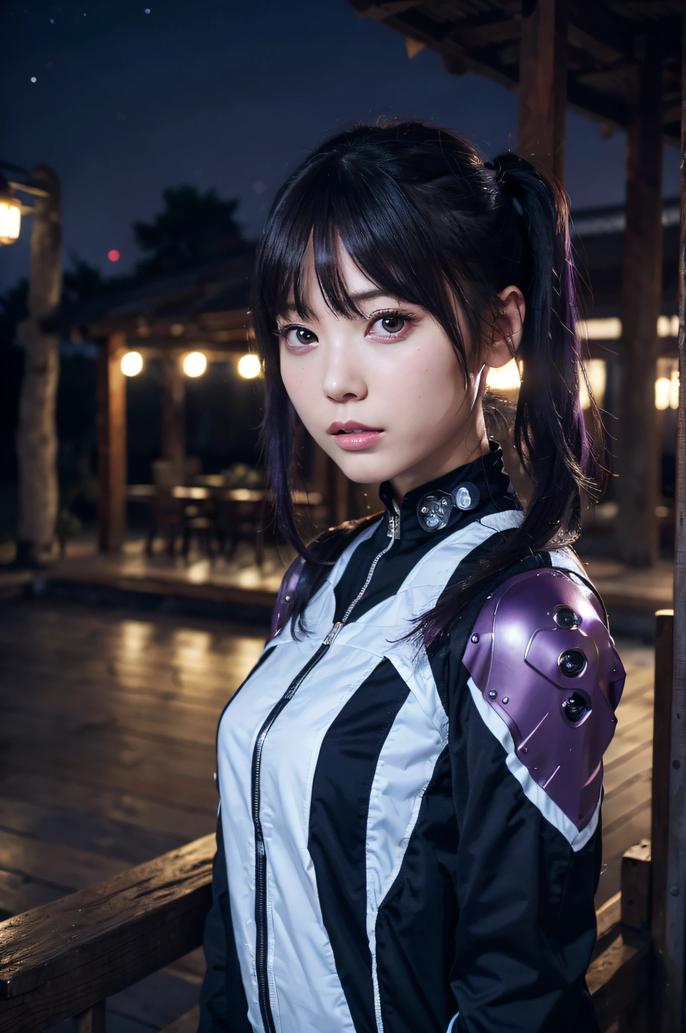 ((masutepiece)), ((Best Quality)), (Ultra-detailed), ((Extremely detailed)), 4K, (8K), Best Quality, (Beautiful), one woman,mechanical suit,posing,cute face,big eyes,cool face,twin tail,purple hair,looking at viewer,outdoor,night,masterpiece, extremely fine and beautiful,photorealistic,Japanese