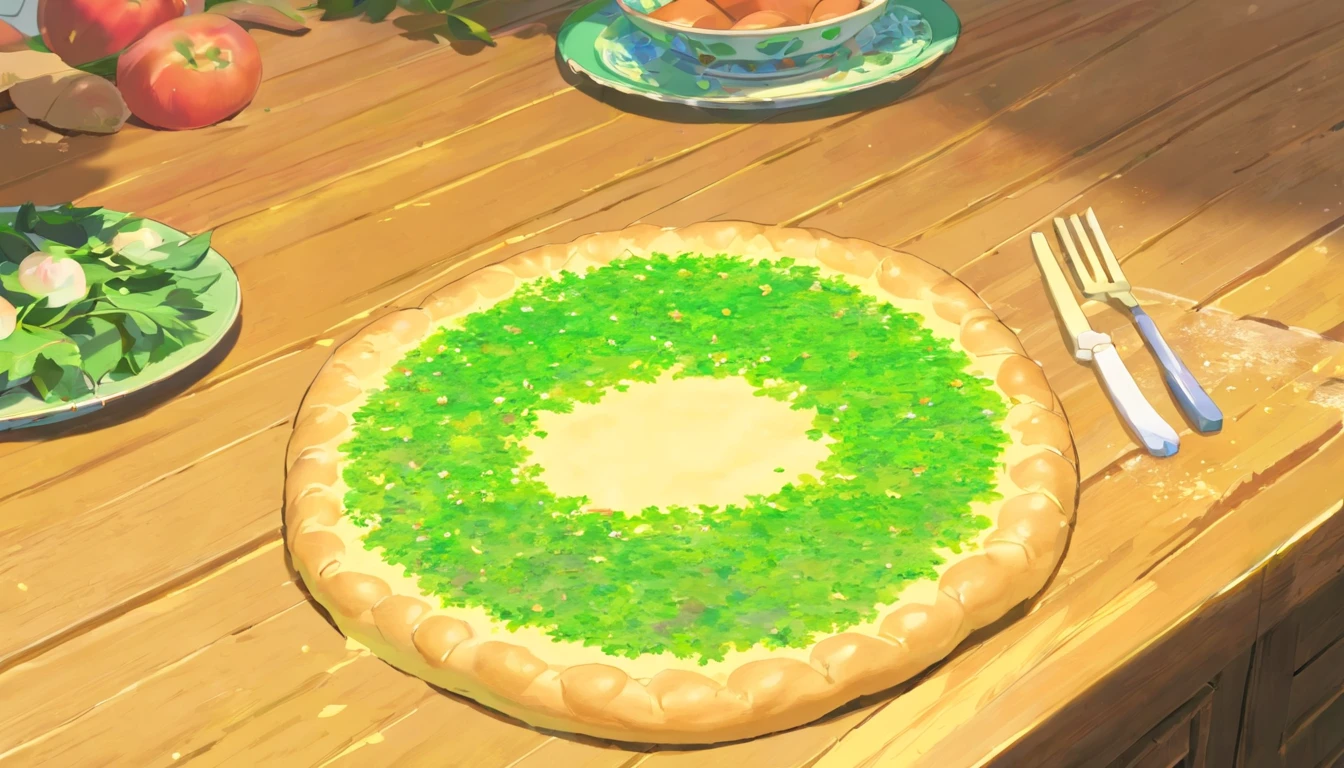 On the kitchen table,Place a small, round dough on a green leaf