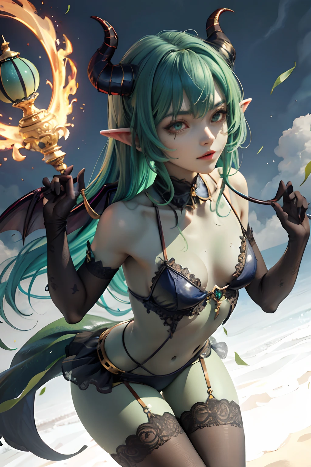 (Masterpiece: 1.2, Best Quality), (1 loli, 独奏), Huge-breasts, (Dynamic posture), (Bright skin, dark green skin), Demon Girl, green skin, Orc Girl Thin & Lace Gloves, ( small demonic horns:1.1), (Lilith \(Dark Stalkers\)), (skies), fringe, (Jewelry, golden ornament:1.15 ), large pelvis, Blue (pantyhouse:1.1)