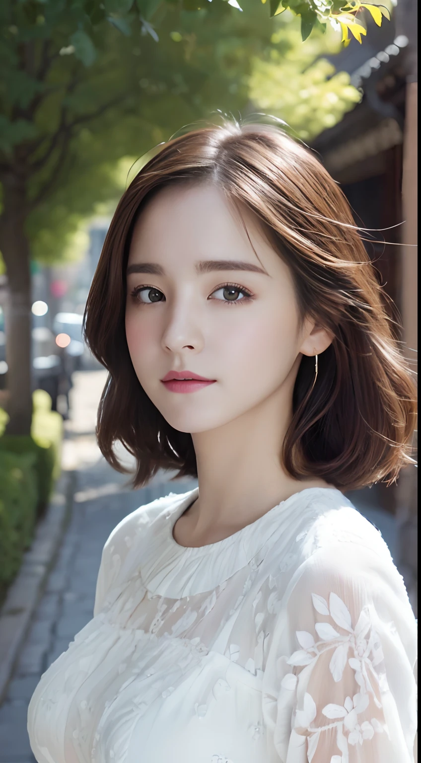 (A hyper-realistic), (hight resolution), (8K), (ighly detailed),  (beatiful detailed eyes), (top-quality), (ultra-detailliert), (​masterpiece), (Detailed face), selfee、faces、softfocus、japanes,  Wear chimachogori、Daytime、Streets of South Korea、face of emma watson、Colossal tits