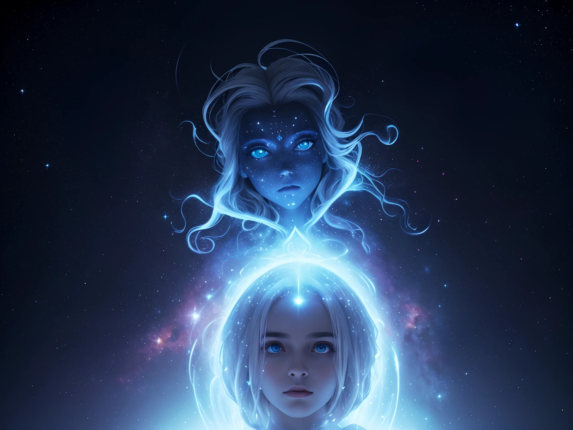 um close up de um cara com rosto branco brilhante, The stars are hidden in the eyes, astral appearance, White holographic face, estrelas como olhos, estrelas em seus olhos de olhar, strange portrait with galaxy, rosto derretendo no universo, Arte Digital, Arte Digital, Estrela extraterrestre, Pleiadiano, portrait of a cosmic entity, imagem do avatar, Face of a white and divine being with a look of hatred, ele possui um cabelo de anjo cinzento e prateado liso e meio curto, He's wearing a futuristic spacesuit or a monk suit, cosmic entity, trevas, Esquerda, renderizado, fotorealitico 4K, 8k, Evil spirit, Spirit, sobrenatural e trevas.