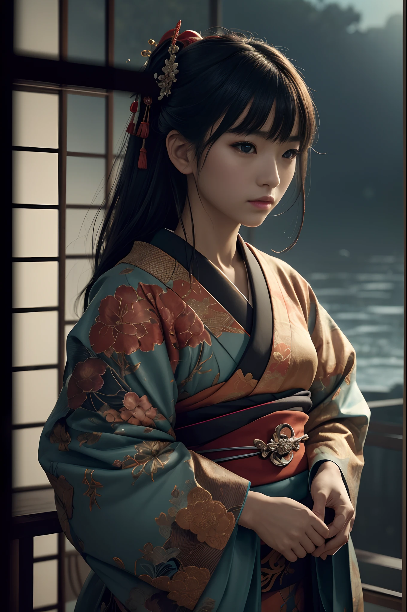 Mature woman in Japan traditional costume、Red and white kimono,(dark shot:1.4)、80mm、(dark shot:1.4)、80mm、Magnificent Real、Geisha painting with European characteristics Japan entering the sea、Range Murata、a big red sun in the background、A stunning、matted、paul gauguin、Von Gogh、Art by Greg Rutkowski and ArtGerm、Soft Cinematic Lights、adobe lightroom、photolab、HDR、intricately and hyper-detailed、 (depth of fields:1.4)、(dark shot:1.22)、Neutral Color、(HDR:1.4)、(Subdued Color:1.4)、(with an intricate)、(art  stations:1.2)、The ultra-detailliert、Dramatic and intricate details、(technicolor:0.9)、(rutkowski:0.8)、cinematic、the detail、softlight、sharp、exposure blend、medium shot、Bokeh、(HDR:1.4)、highcontrast、(cinematic、Teal、an orange:0.85)、(Subdued Color、dim colors、Calm tones:1.3)、low-saturation、(The ultra-detailliert:1.2)、(Noir:0.4)、softlight、 sharp、exposure blend、medium shot、bokeh dof、(HDR:1.4)、highcontrast、(cinematic、Teal、an orange:0.85)、(Subdued Color、dim colors、Calm tones:1.3)、low-saturation、(Hyper-detailing:1.2)、(Noir:0.4)、(intricate detailes:1.12)、HDR、(intricate detailes、Hyper-detailing:1.15)