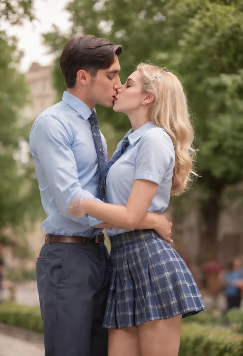 (masterpiece),(beautiful blonde girl in School Girl's Uniform with blue checked miniskirt:1.2),(handsome dark-haired boy in long pants:1.3),(hetero couple kissing, hugging:1.5),open mouths,(tongue_out:1.2),licking tongues,perfect anatomy,centered,highly detailed,smooth,sharp focus,full of color,dynamic,