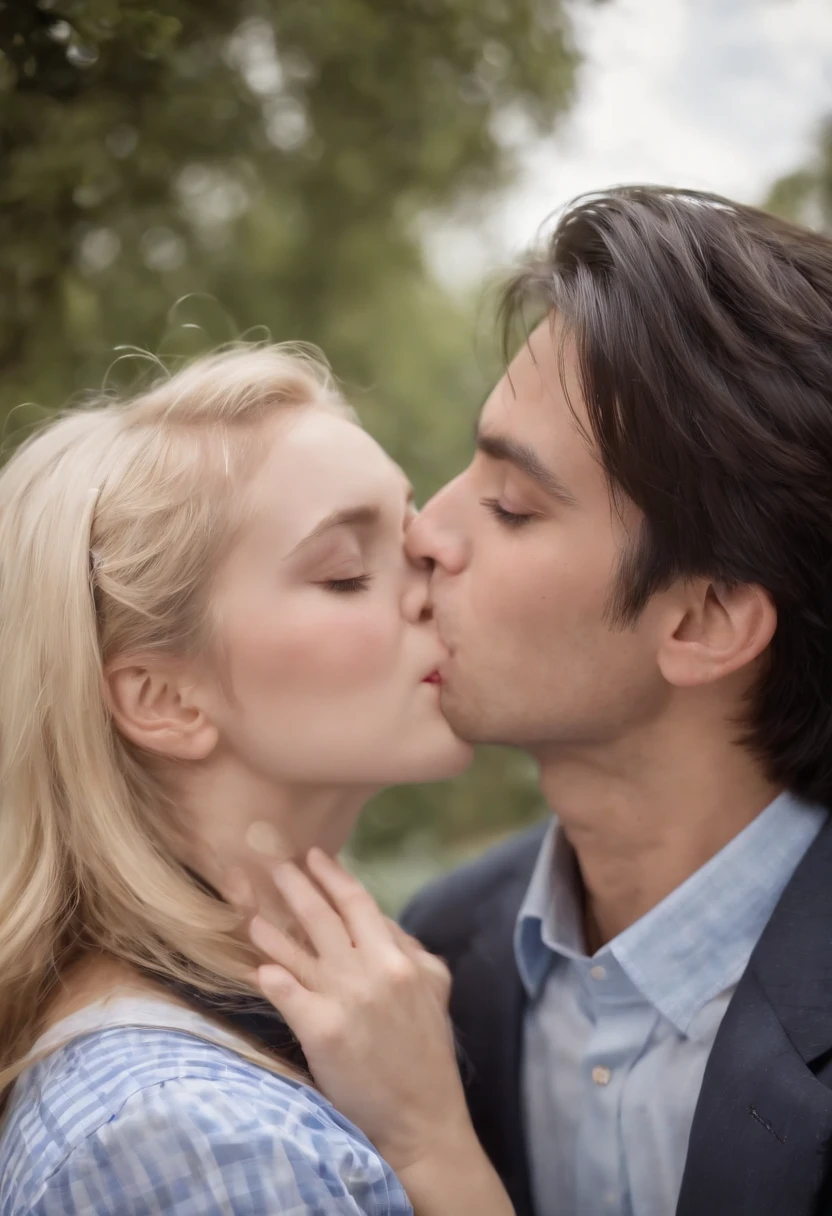(masterpiece),(beautiful blonde girl in School Girl's Uniform with blue checked miniskirt:1.2),(handsome dark-haired boy in long pants:1.3),(hetero couple kissing, hugging:1.5),open mouths,(tongue_out:1.2),licking tongues,perfect anatomy,centered,highly detailed,smooth,sharp focus,full of color,dynamic,