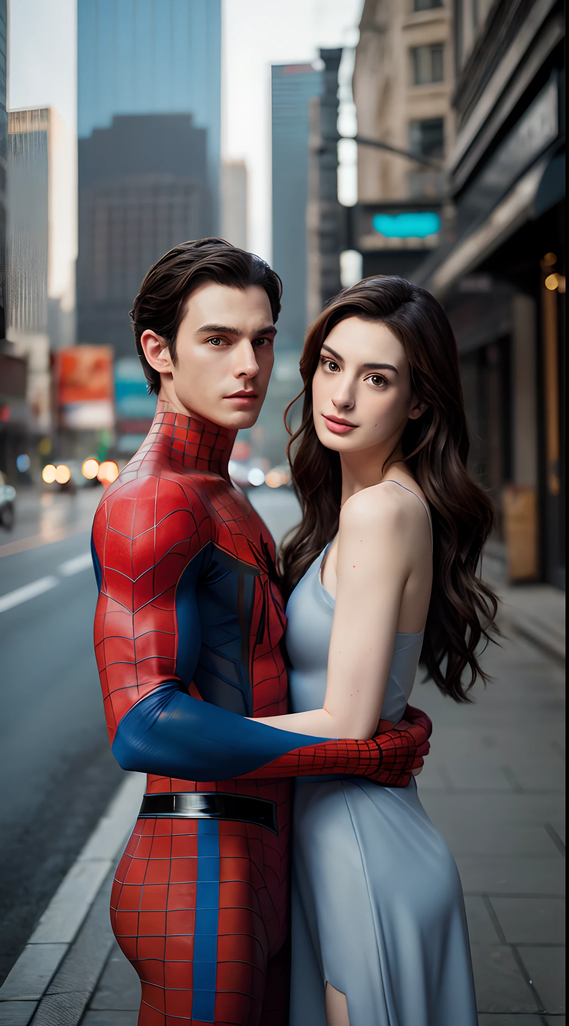 a romantic photo of spiderman holding his beautiful wife, gal gadot anne hathaway dualipa)), photorealistic, high quality photo, raw photo, 8k, unreal engine 5, (art by artgerm trending on artstation and deviantart), (highly realistic)