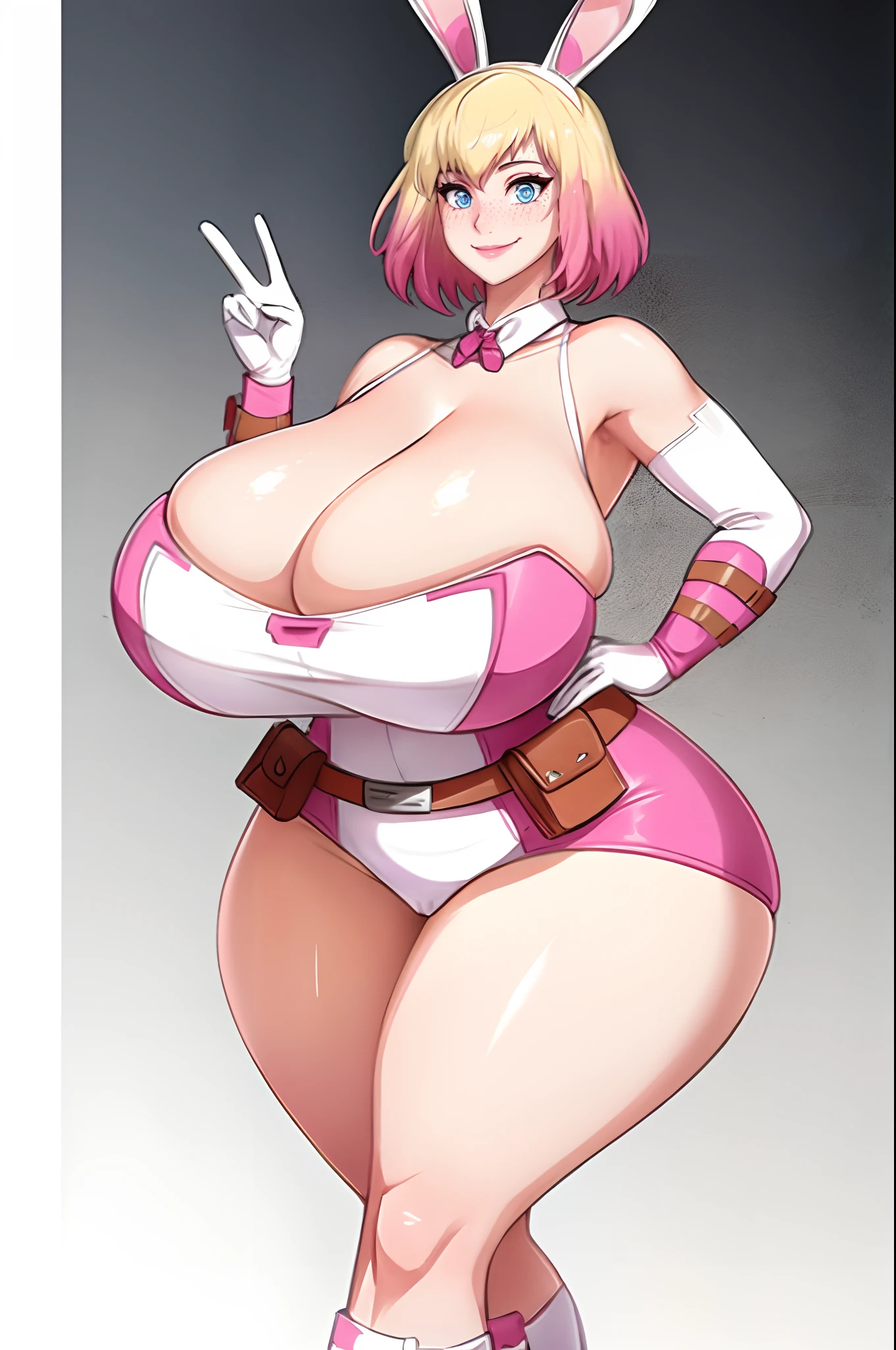 gwenpool, 1girl, blonde hair, multicolored hair, solo, blue eyes, pouch, smile, mask, superhero, short hair, gradient hair, closed mouth, belt, white background, two-tone hair, pink hair, breasts, adapted costume, animification, gloves, belt pouch, looking at viewer, leotard, (((Bimbo))), wide hips, thick thighs, huge ass , enormous huge natural breasts, cleavage, mature mom, bare shoulders, ((bunny costume))