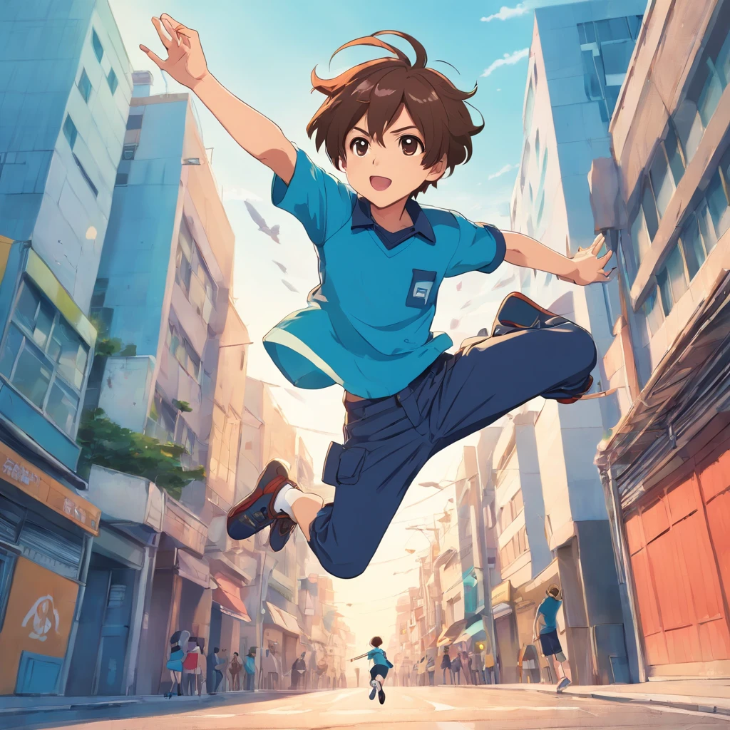 Cartoon boy with brown hair and blue shirt jumping in the air, character is flying, 2 d anime style, 2d cartoon, 2D Cartoon, shounen jump, In anime style, in an anime style, Cartoon Art Style, an animated character, anime style character, [ Digital art ]!!,, jumping posture, Simple cartoon style