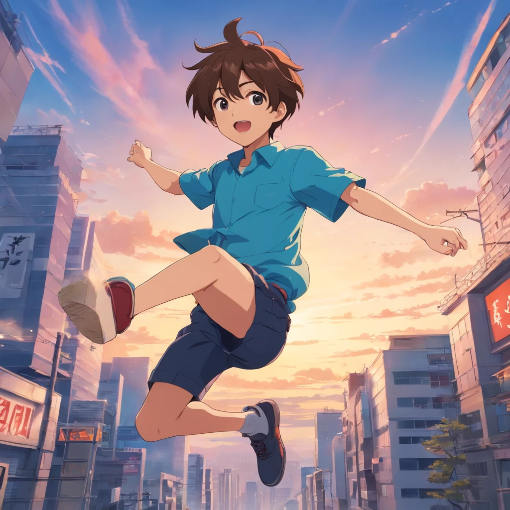 Cartoon boy with brown hair and blue shirt jumping in the air, character is flying, 2 d anime style, 2d cartoon, 2D Cartoon, shounen jump, In anime style, in an anime style, Cartoon Art Style, an animated character, anime style character, [ Digital art ]!!,, jumping posture, Simple cartoon style