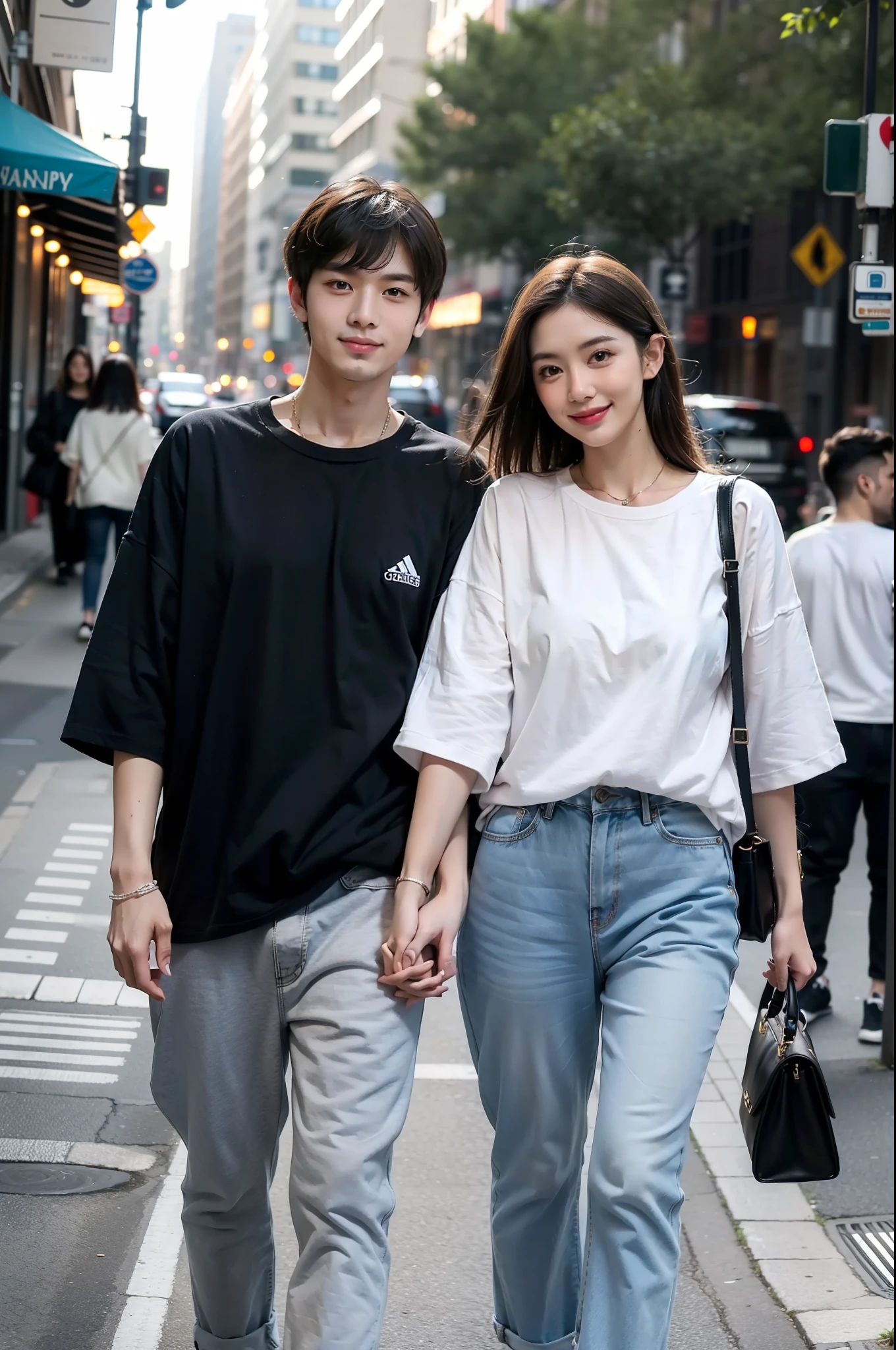 A simple, casual style handsome man。White t-shirt and slim fit jeans、Wearing white sneakers。A simple watch on your wrist、Striking a relaxed pose。In the background is a cafe terrace。