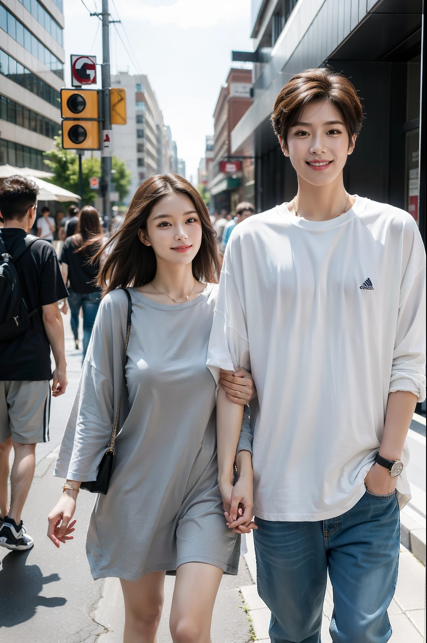 masterpiece, best quality, 2others, couple, 1man with 1woman, mature, adult, Height difference, different fashion, different color, finely detailed eyes and detailed face, intricate details, casual clothes, oversized shirt, modern urban street, holding hands, smile, happy, love