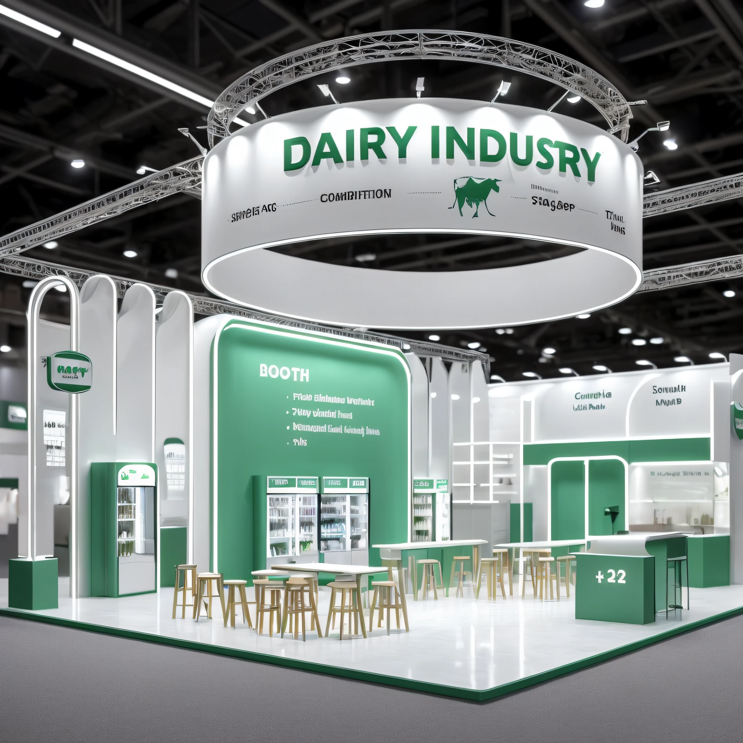 The exhibition stand is white and green,Top truss Spotlights illuminate the logo ,Wooden floors,White table and chairs live-action model display case