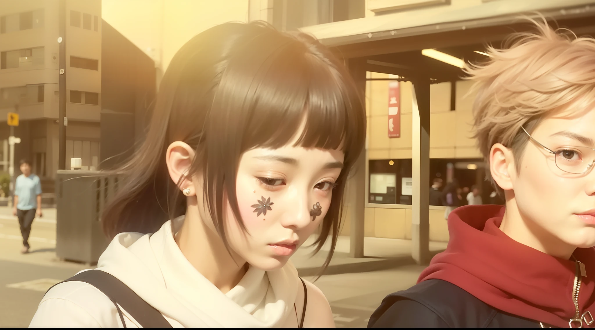 A girl and a boy, a boy with pink-black hair, standing in a city street with a building in the background, close up iwakura lain, close up of iwakura lain, close up of lain iwakura, ( ( ( yoshinari yoh ) ) ), High quality image, masterpiece, detailed hair texture, detailed skin texture, detailed cloth texture, 8k, add fabric details, ultra detailed skin texture, ultra detailed photo, skin pores, cloth details, high skin details, realistic hair details