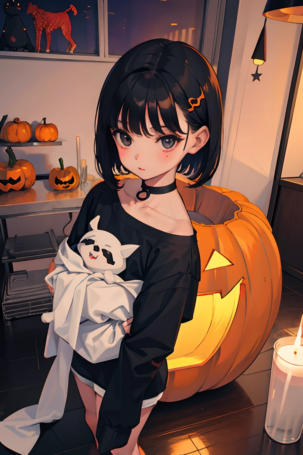 child，Halloween Party，A dark-haired，Medium bob，mummy