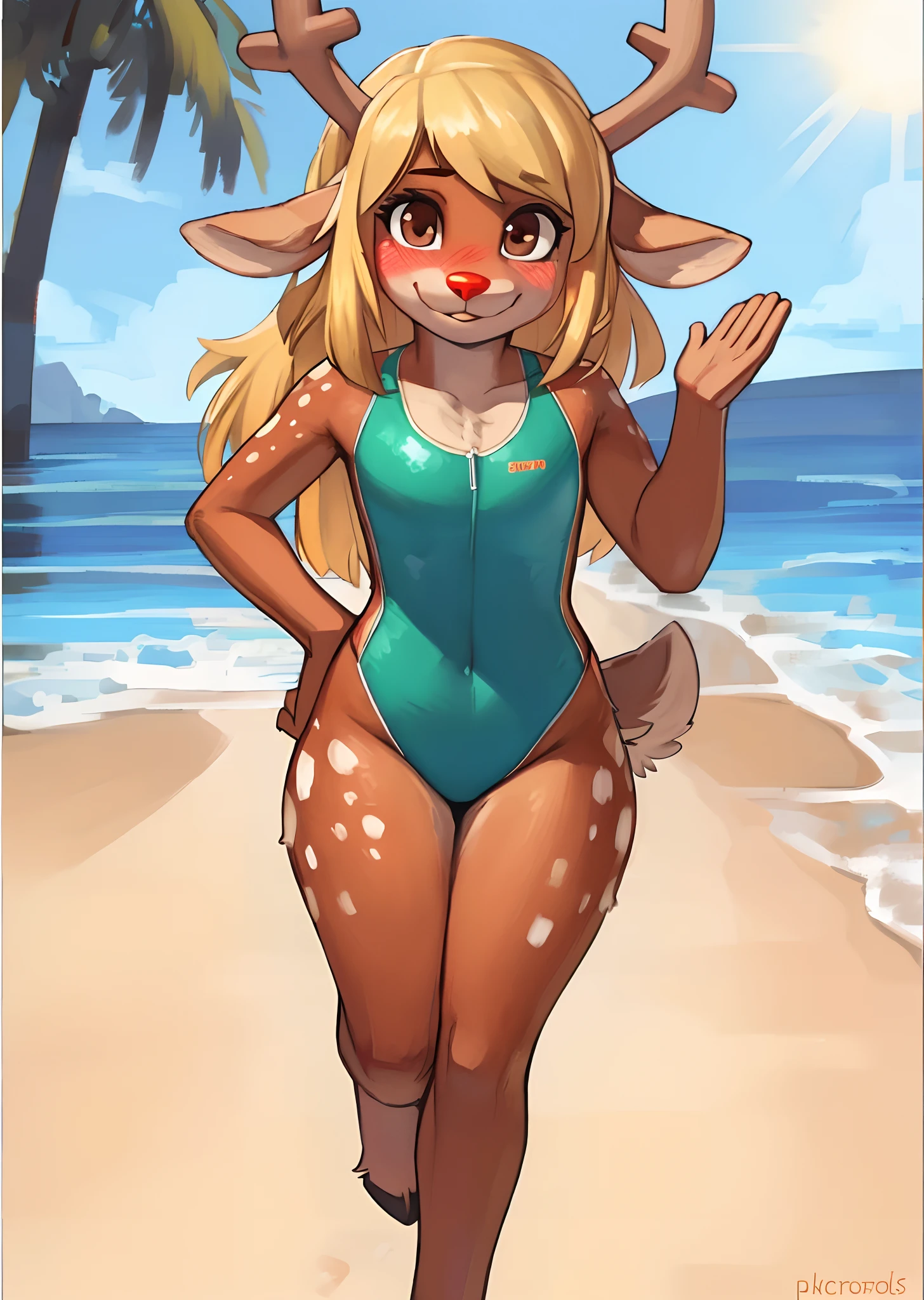 [noelleholiday], [Deltarune], [Uploaded to e621.net; (Pixelsketcher), (wamudraws), (woolrool)], ((masterpiece)), ((HD)), ((high quality)), ((solo portrait)), ((front view)), ((feet visible)), ((furry; anthro)), ((detailed fur)), ((detailed shading)), ((beautiful render art)), ((intricate details)), {anthro deer; (slim body), brown fur, red nose, brown eyebrows, cute brown eyes, (short eyelashes), (droopy ears), (deer antlers), cute smile, (blushing), long blonde hair, short fluffy tail, (gorgeous hips), (beautiful defined legs), (beautiful hooves)}, {(green bathing suit), (red-stripes on bathing suit)}, {(running), (waving at viewer), (looking at viewer)}, [background; (beach), (beautiful ocean), (blue sky), (sun rays)]