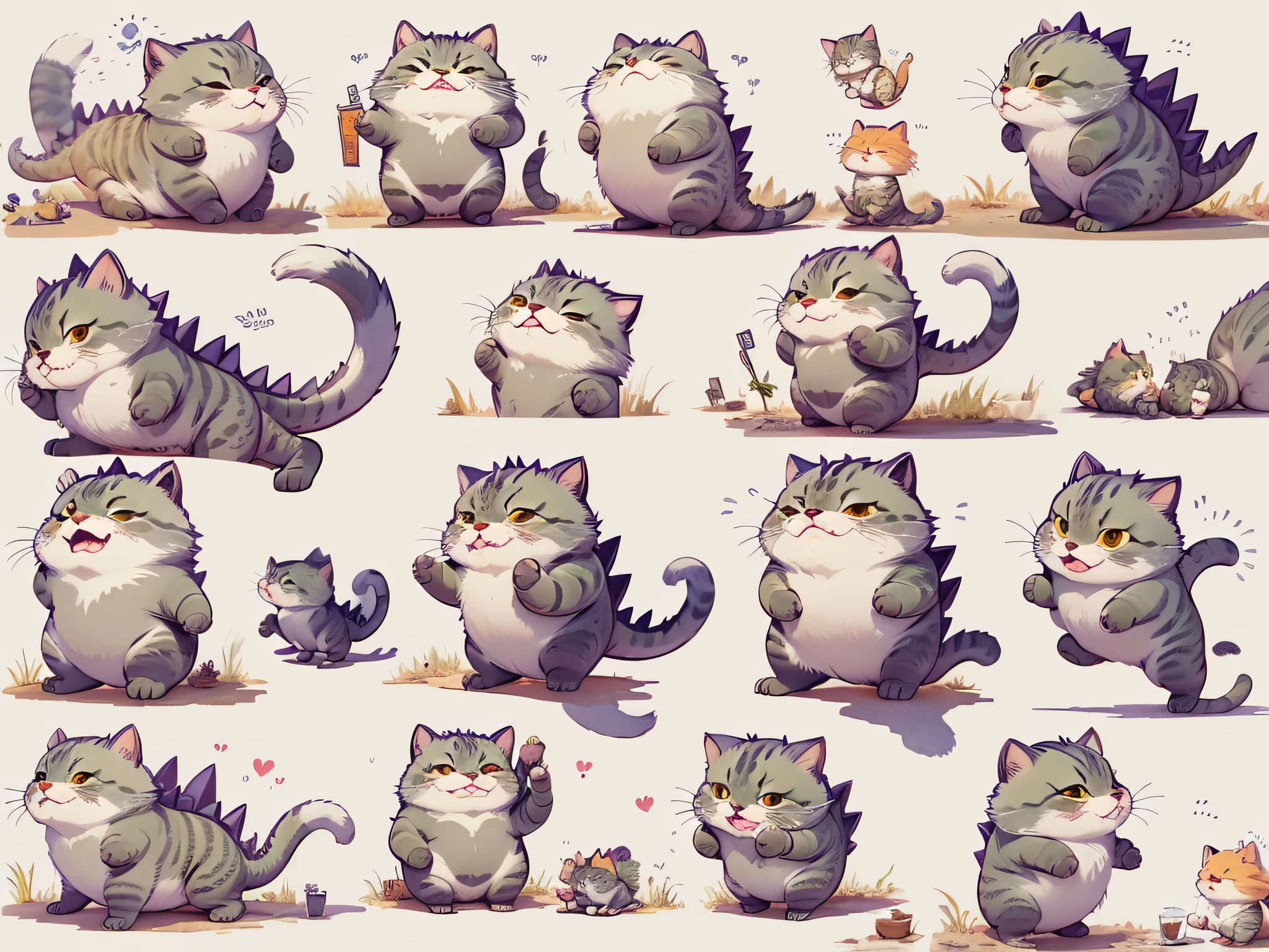 Cute cat, standing, cute, wearing Godzilla costume, chibi, full body, character sheet, various angles, white background, various poses, various expressions, crying, laughing, dynamic poses, consistent character, picture book style, Ghibli wind, Watercolor,