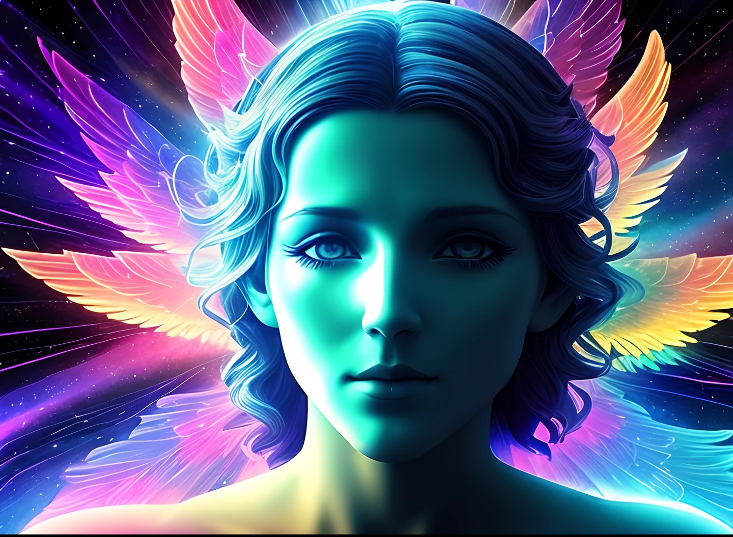 There's a blue angel with wings and a halo, cosmic horror entity with wings, ser angelical brilhante, Visuais LSD, quality astral projection rendering, a still of an ethereal, detailed glowing head, sinistro granulado espiritual, volumetric god rays, Face of an alien deity, psychedelic visuals, arte digital 4k inquietante, faint volumetric god rays, Visuais Trippy