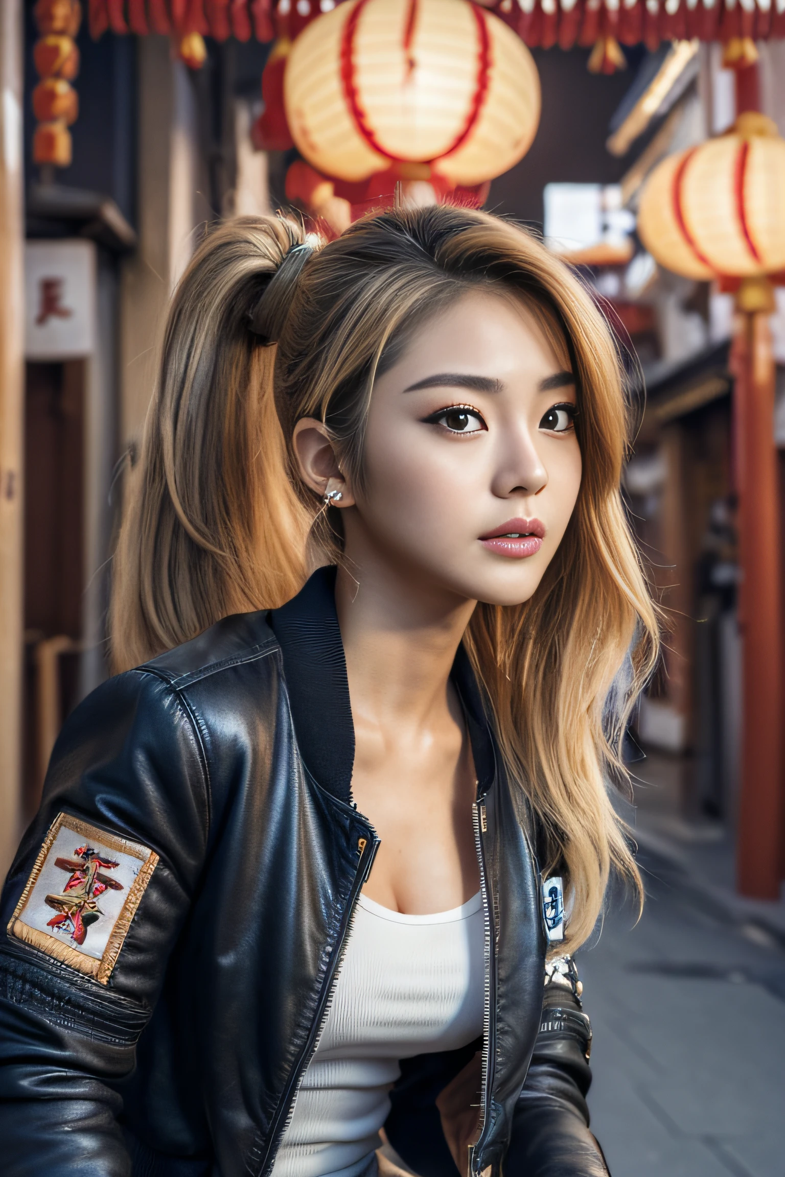 (masterpiece:1.2), ultra detailed, ultra high res, (realistic, photo realistic:1.37), high detail RAW color photo, professional photograph, an extremely delicate and beautiful, extremely detailed, finely detail, huge file size, extremely detailed beautiful girl, extremely detailed face, extremely detailed eyes, extremely detailed skin, extremely detailed nose, extremely detailed mouth, perfect anatomy, highly detailed background, shiny skin, (Japanese famous actress:1.5), (gyaru:1.25), flat chest, (brown race, dark skin, blond hair), (ponytail), cinematic lighting, (any Pose:1.3), (from below:1.3), denim pants, (wearing black air bomber jacket with many patches:1.3), (chinatown:1.45),