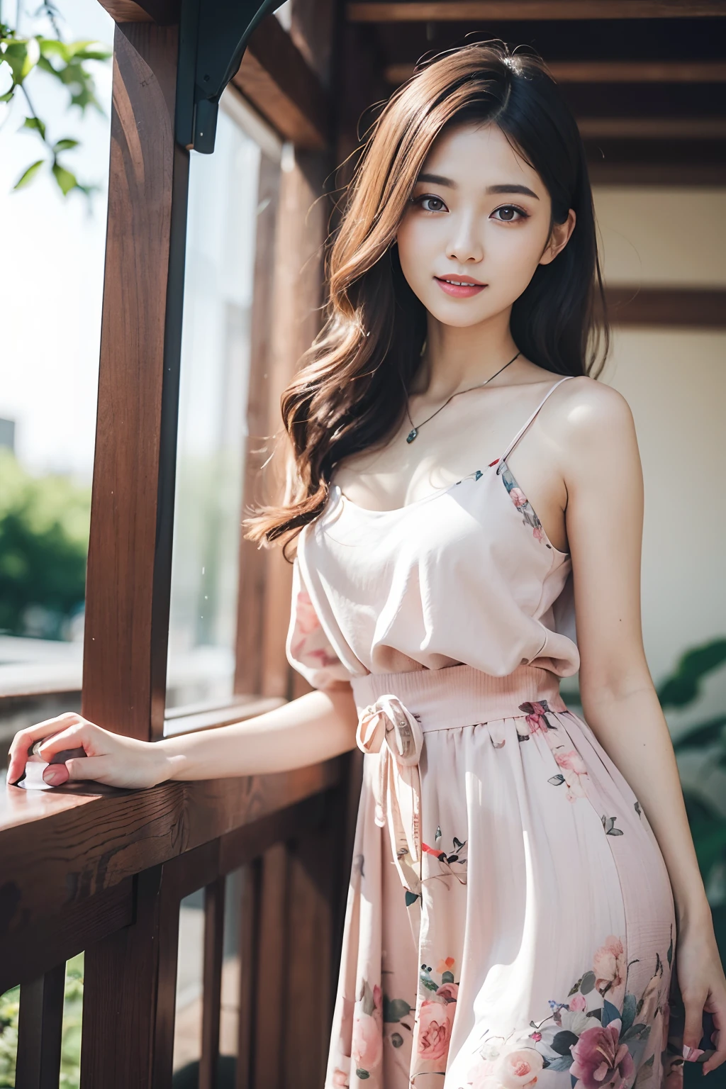 Sakura Rice Library, Upper Body, Smile, blush, sit, ((Cherry blossoms)), ((Pink sleeves)), Pink, ((pink)), Pink sky, Sunset, lake, reflection