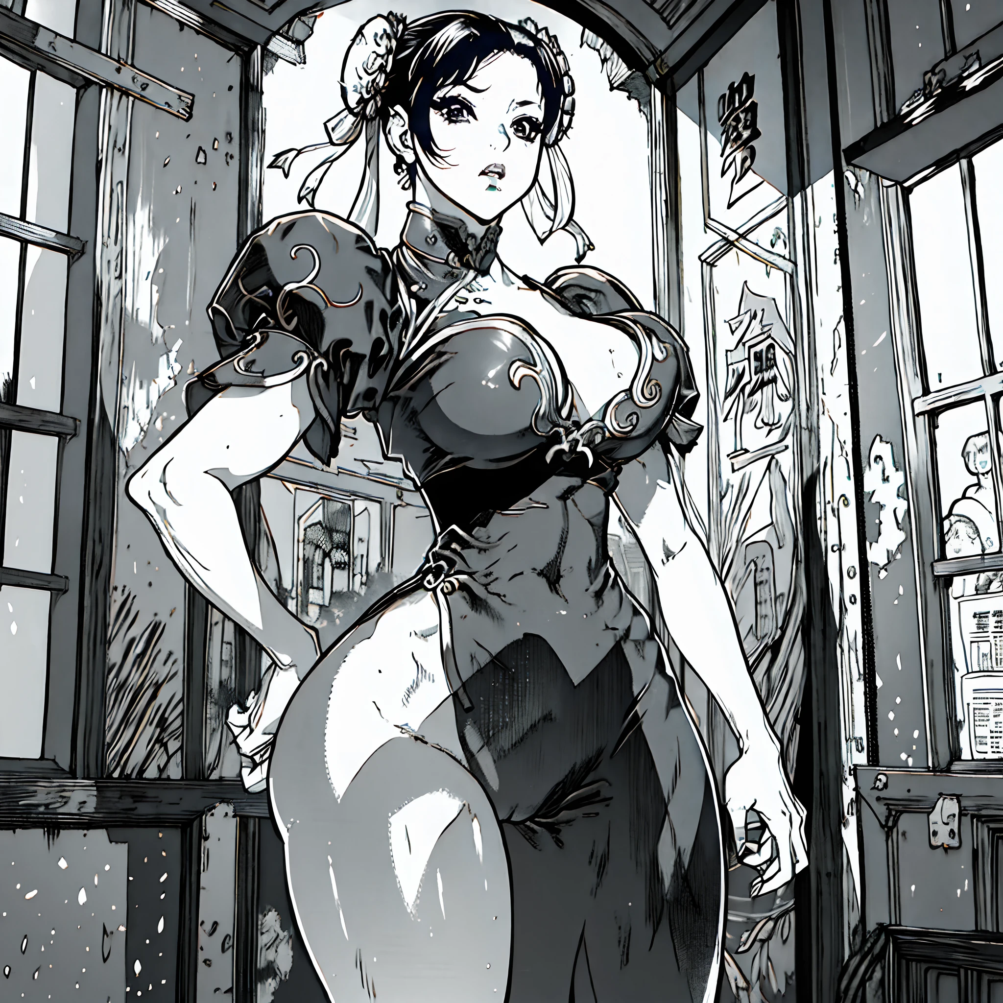 Chun-li, large  breasts, standing, facing the viewer, high quality, perfect anatomy, beautiful face, (((greyscale, monochrome, manga style))), in boichi manga style