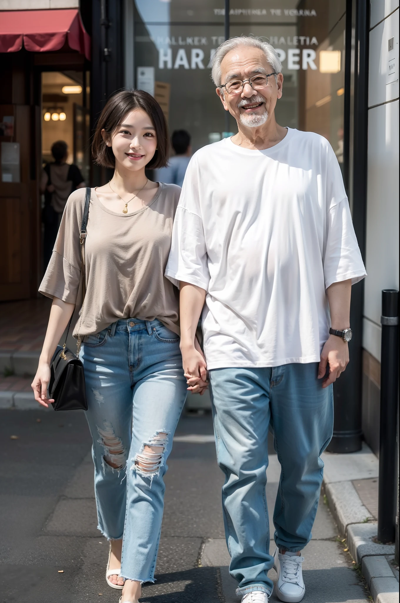 masterpiece, best quality, 2others, couple, an oldman with a young girl, mature, adult, Height difference, different fashion, different color, finely detailed eyes and detailed face, intricate details, casual clothes, oversized shirt, modern urban street, holding hands, smile, happy, love