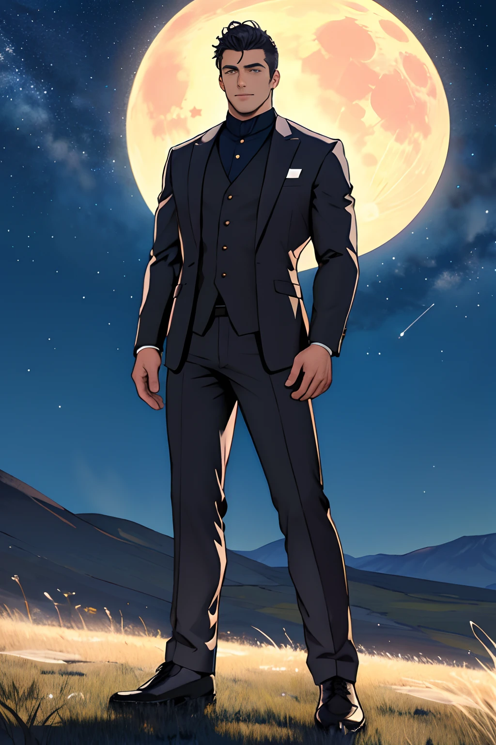 Drawing a full-fledged soccer player,Standing in the steppe at night,Quiet and comfortable background,He wears the same suit as the president of the country,The suit fits perfectly,Handsome face,eyes with brightness,The man looks confident and determined,looking-down,crewcut,full body Esbian,The sky is dotted with stars,Shooting from below,Big moon highlights background