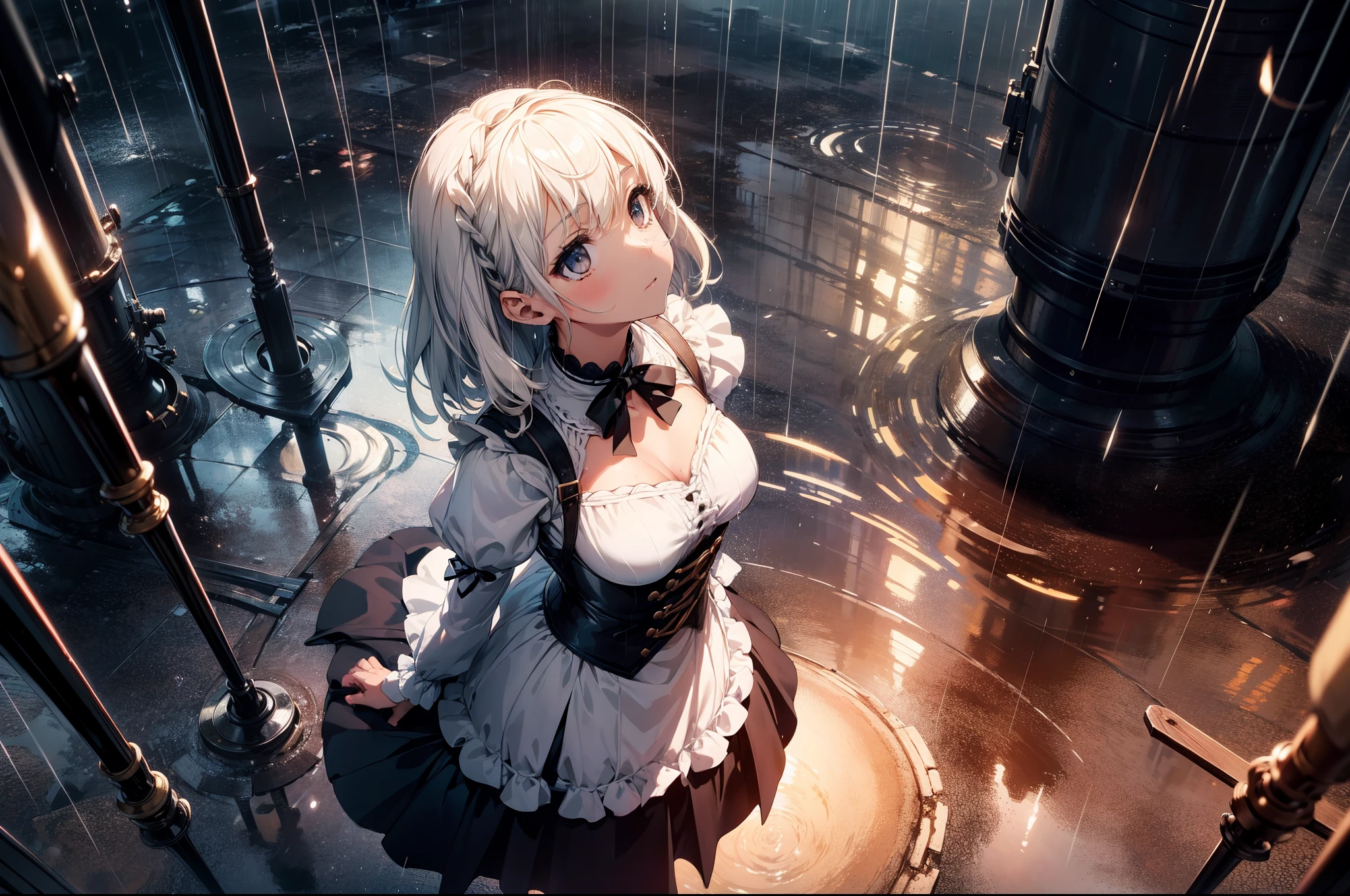 1 girl, character focus,cinematic angle, close to viewer,(from above) , front, standing on puddle, ((looking up sky)), (looking away), (( Expressionless)),(((rain))),cinematic lighting, wet,high resolution,(incredibly absurdres), (hires.fix:1.3),anime visual,ultra detailed CG unity 8k wallpaper, ((masterpiece)), ((top-quality)), (beautiful illustration), ((an extremely delicate and beautiful)),((realistic))