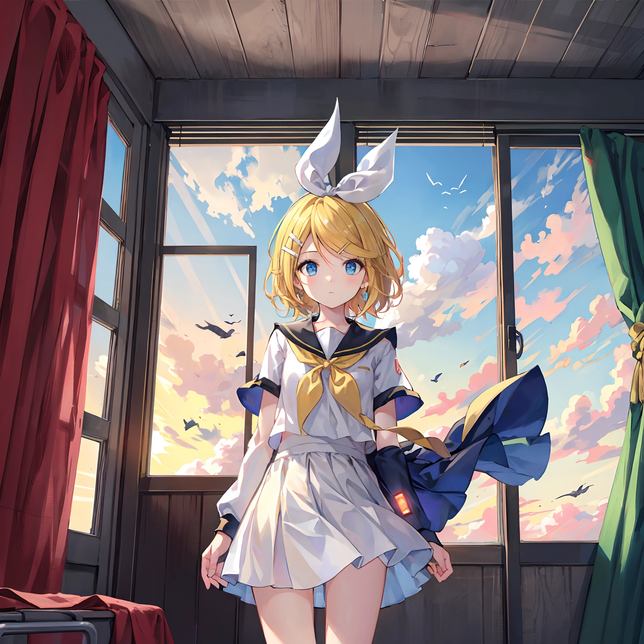 Kagamine Rin , por rubio , coletas 、ojos rojos、Hermosa chica sola、quimono、una minifalda、aula de escuela 、sentado en pupitre , luz de atardecer (entrando por la ventana , cortinas que se mueven un poco con el viento