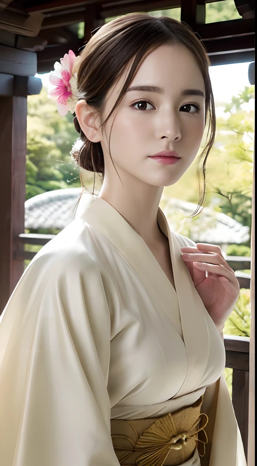 (A hyper-realistic), (hight resolution), (8K), (ighly detailed),  (beatiful detailed eyes), (top-quality), (ultra-detailliert), (​masterpiece), (Detailed face), selfee、faces、softfocus、japanes,  Kimono、Daytime、Shrine of Japan、face of emma watson、Colossal tits、Kasuga Grand Shrine