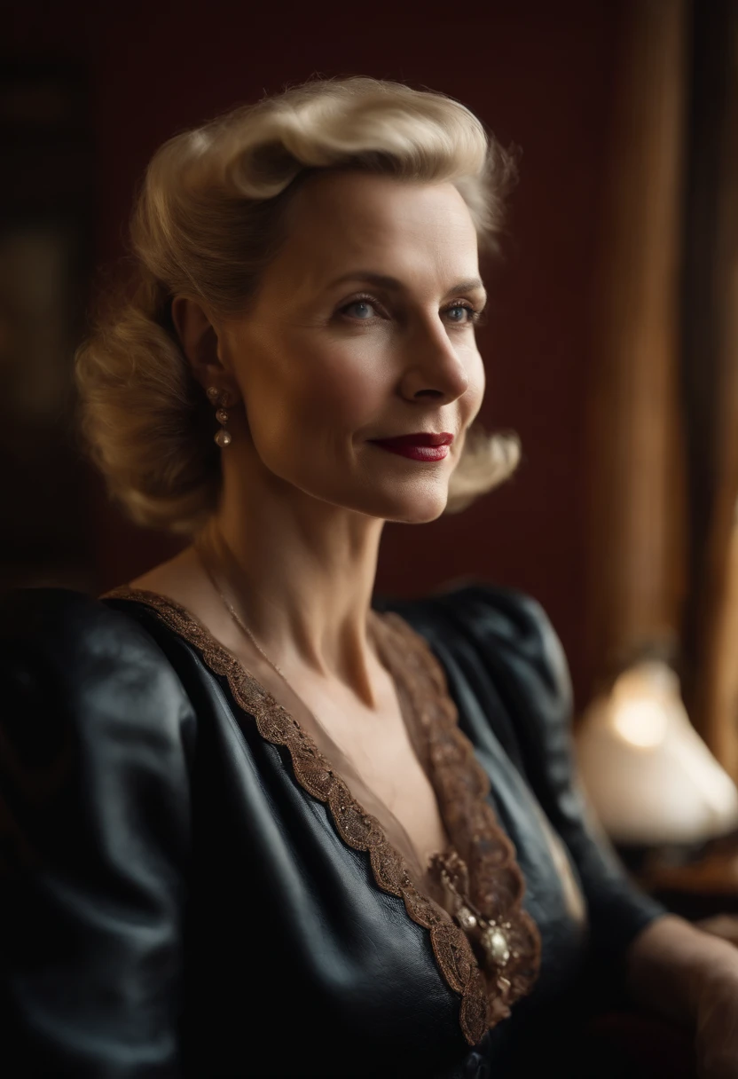Portrait of a 48-year-old blonde French woman in 1940, period dresses, Genuine leather, You can take selfies like a smartphone when you sit, (Living room with period furniture, Moody Soft Light: 1.2)