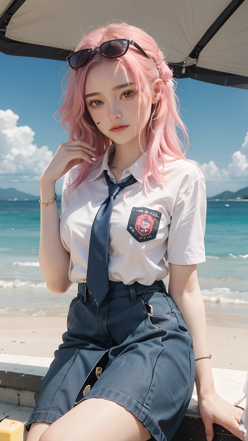 (small tits), (18 years old), (Very small head), Daylight, Sunlight, (Perfect body:1.1), (Short hair, Wavy Hair, dark brown hair, Pink and blue striped hair), ((fullllbody)), (8K), (extremely delicate and beautiful), (masutepiece), (Best Quality:1.0), (realisitic), Realistic Shadows, (High resolution:1.0), Detailed skin, Ultra-detailed, Slim body, (Beautiful hair, Real Hair, detailed hairs), blush, Photorealistic, Realistic face, Realistic eyes, Small eyes, Happy smile, (((Colorful))), (eye liner), (mascara), (eye shadow), (((Lift the skirt, Lift the skirt with both hands, Lift the skirt yourself))),,Japan school uniform