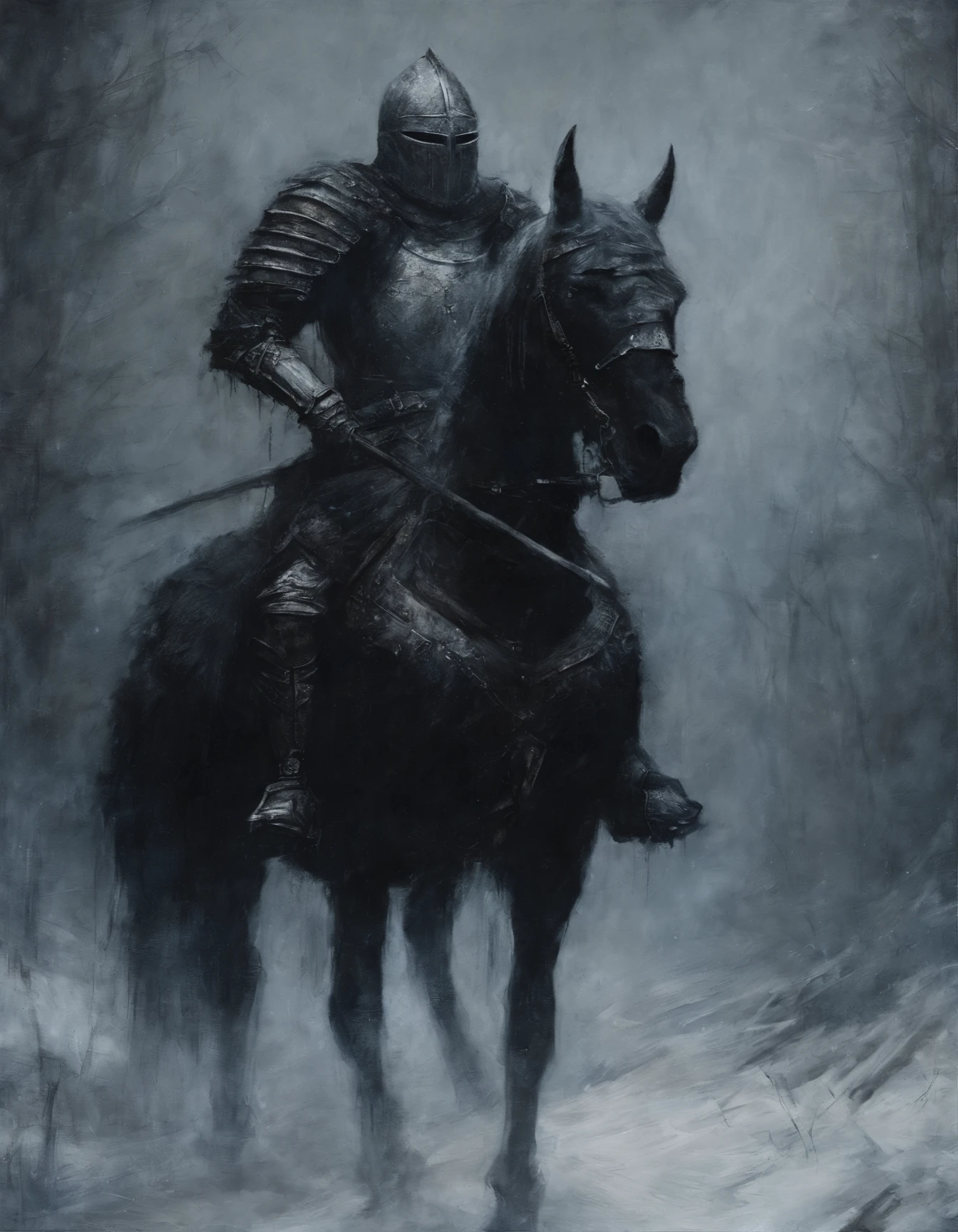 Create an impressionist painting of a creepy warrior knight, Schnee, Kosmische Asche, artistic, kompliziert