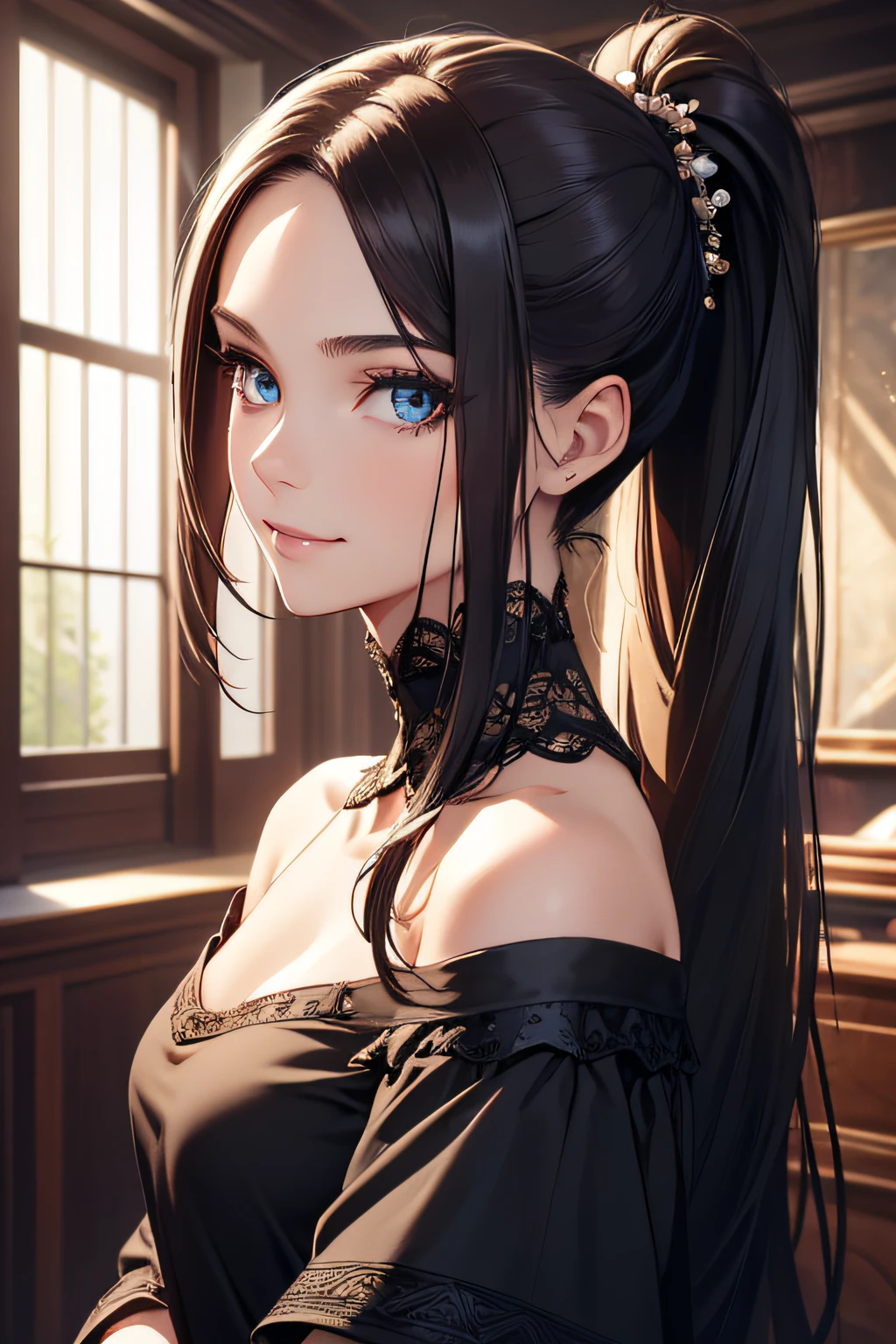 (best quality), (masterpiece), (high resolution), (intricate details:0.2),(professional lighting), room, detailed background, over sized black t shirt, off shoulder, (previous view), 1girl, solo, (beautiful face:1.40),  slim body, fine skin, smile, long ponytail brown hair, sky blue eyes, (Medium beasts:1.10), see at viewer,