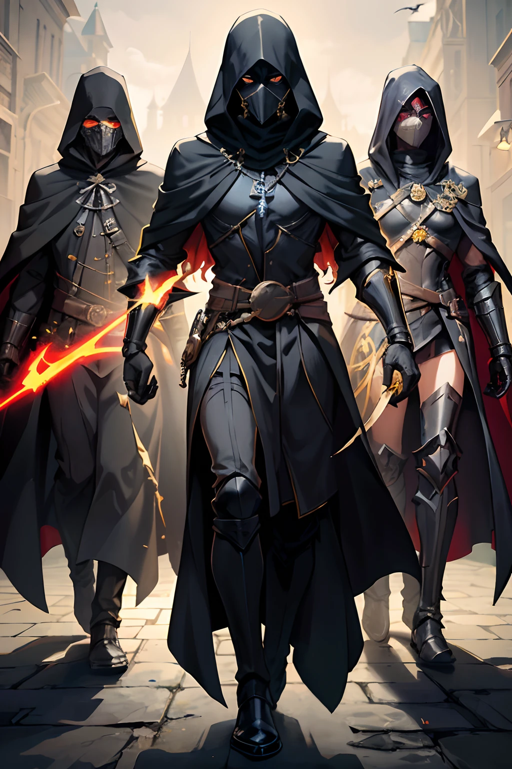 arafed man in a black cloak and a gold mask, corvo attano, hooded cloaked sith lord, doctor doom, in dark robes with gold accents, reaper from overwatch, flowing robes and leather armor, black and gold armor, black and golden armor, steel inquisitor from mistborn, ww 1 sith sorcerer, plague doctor, dark hooded wraith