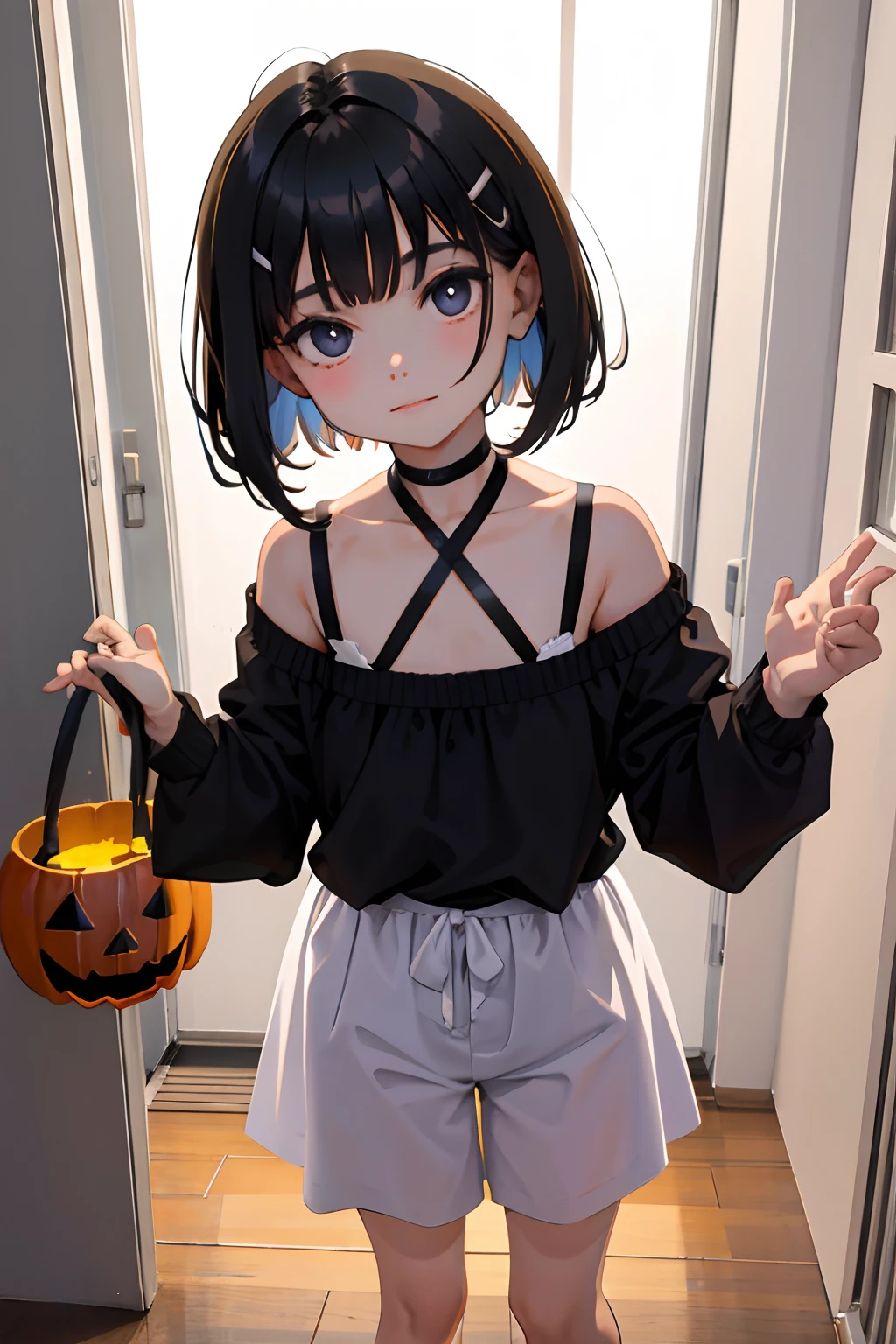 (masterpiece, best quality:1.3), (ultra-detailed:1.2), (illustration,picturesque), {studio light, picturesque}, best shadow,
(KonishiCSA:1.2)_(KujouCSA:1.05), (AlphaCDE:1.3)_(GammaCDE:1.15),
BREAK
(perfect anatomy), (symmetric eyes, ultra-detailed eyes, beautiful eyes), (sharp eyeliner, ultra-detailed face, beautiful face), ((black|brown) eyes),
BREAK
nice hands, perfect hands, hand by Guido Daniele,
BREAK
1girl, solo,
BREAK
SciroccoHalloweenKC, (Scirocco) mummy costume, (naked) bandage, (purple) hair ribbon, (halloween) costume, navel, barefoot, jack-o'-lantern,
BREAK
,cowboy shot, facing to viewer, looking at viewer, smile, (indoor, living room, office),
BREAK
<lyco:hands:1>, <lora:CSA-v0.2:0.6>, <lora:CDE:0.6>, <lora:Scirocco-10:1>