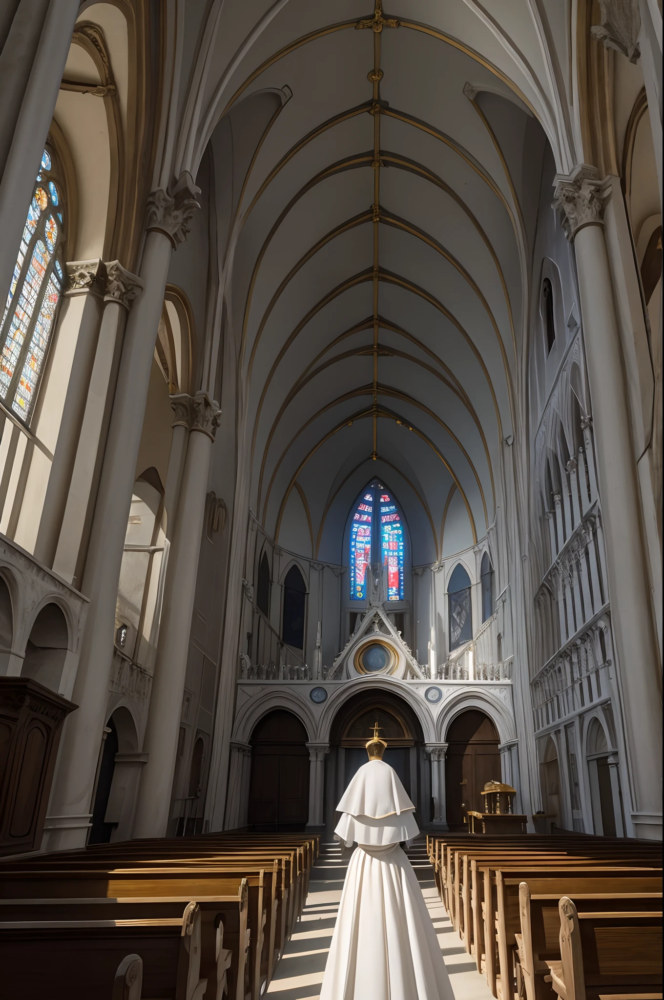 8K,Be realistic、Churches in Venice, Italy、Great Chapel、19-year-old saint looking up from below、Wearing a white tight-fitting dress、Chapel emphasis、Depth height、(portraitures)