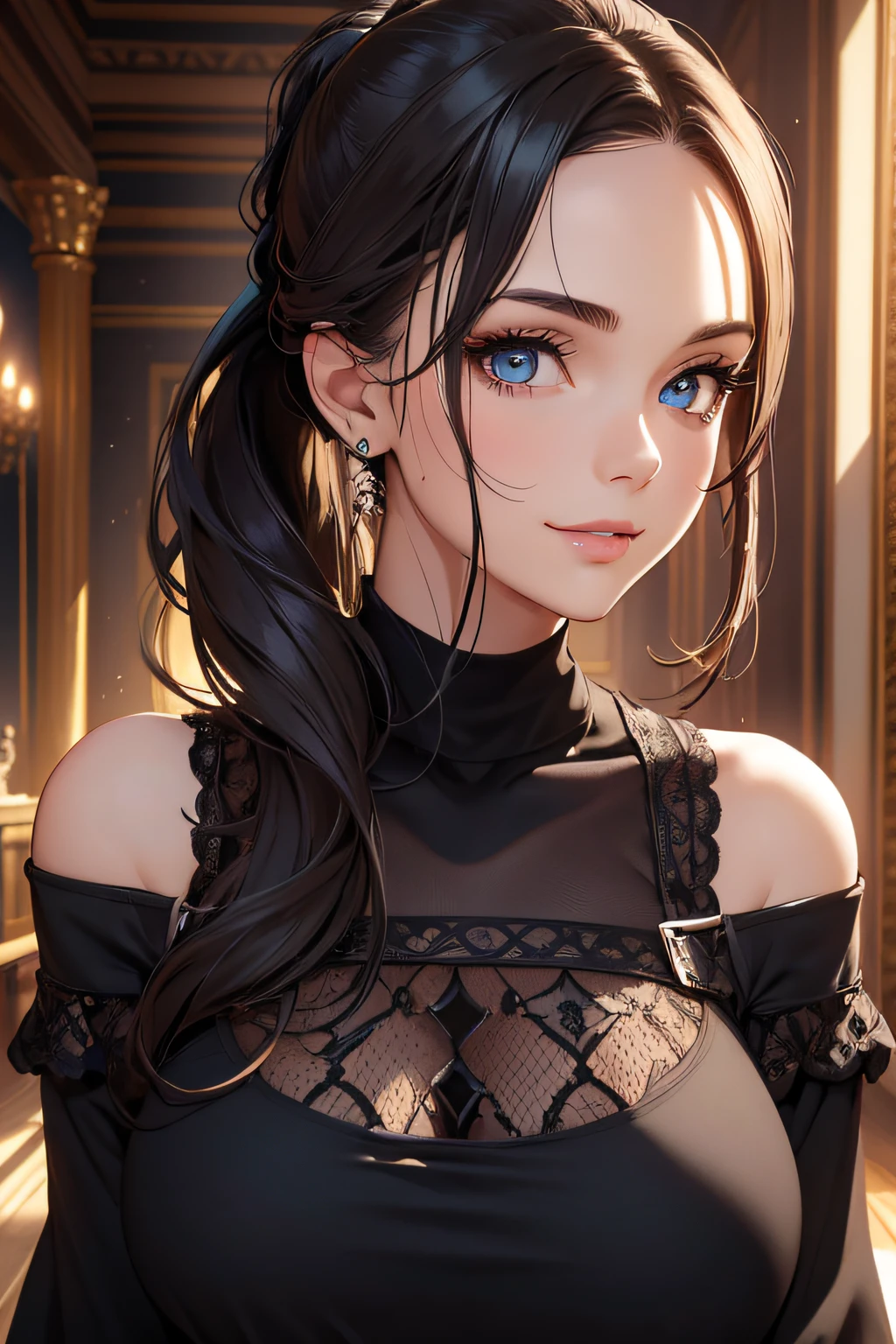 (best quality), (masterpiece), (high resolution), (intricate details:0.2),(professional lighting), room, detailed background, over sized black t shirt, off shoulder, (previous view), 1girl, solo, (beautiful face:1.40), slim body, fine skin, smile, long ponytail brown hair, sky blue eyes, (Medium beasts:1.10), see at viewer,