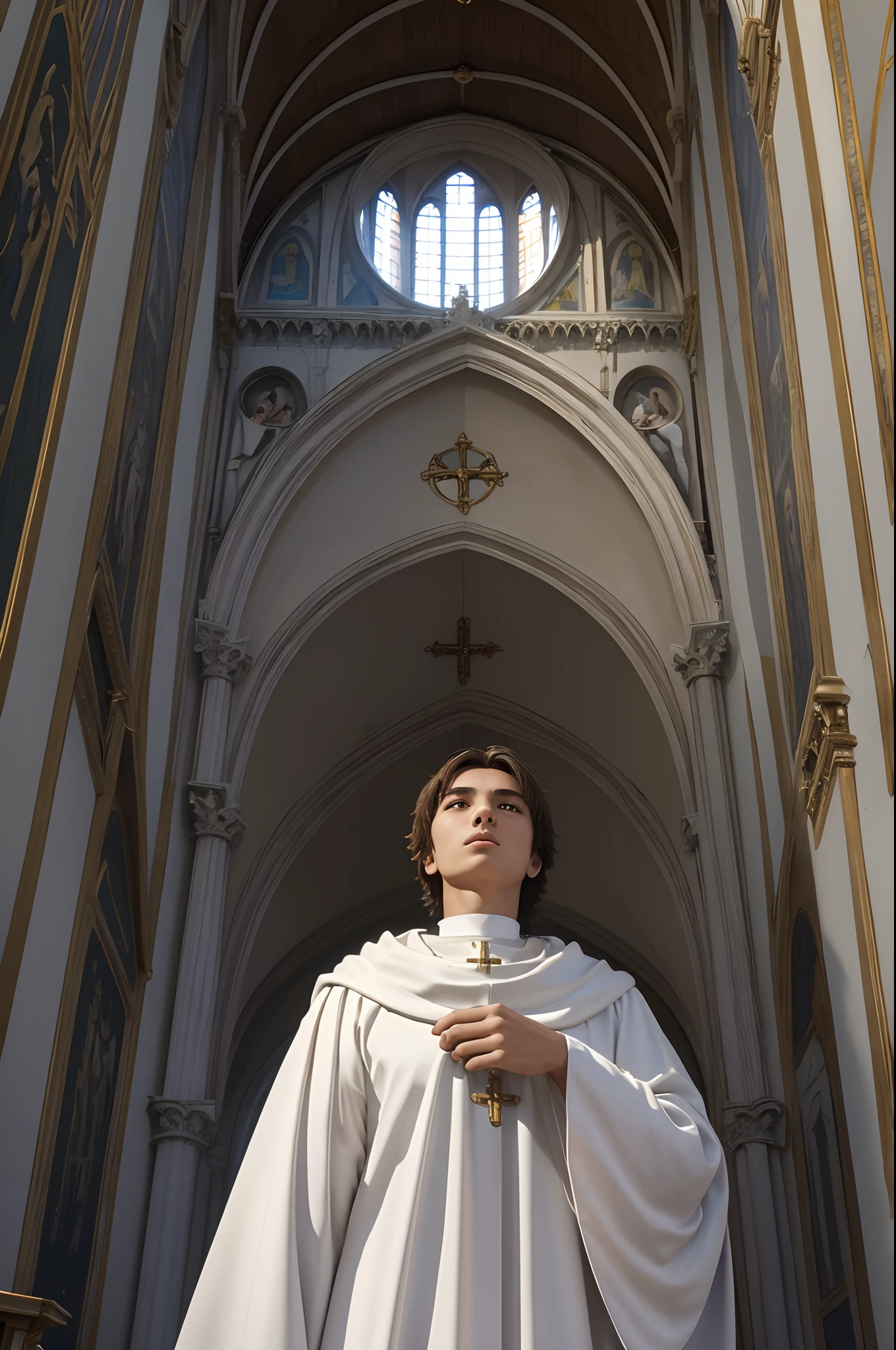 8K,Be realistic、Churches in Venice, Italy、Great Chapel、19-year-old saint looking up from below、Wearing a white tight-fitting dress、Chapel emphasis、Depth height、(portraitures)