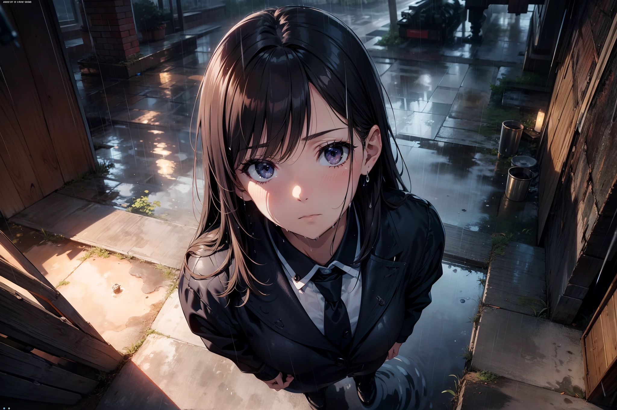 1 girl, character focus,cinematic angle, close to viewer,( from above) , standing on puddle, ((looking up sky)), (looking away), (( Expressionless)),(((rain))),cinematic lighting, wet,high resolution,(incredibly absurdres), (hires.fix:1.3),anime visual,ultra detailed CG unity 8k wallpaper, ((masterpiece)), ((top-quality)), (beautiful illustration), ((an extremely delicate and beautiful)),((realistic))