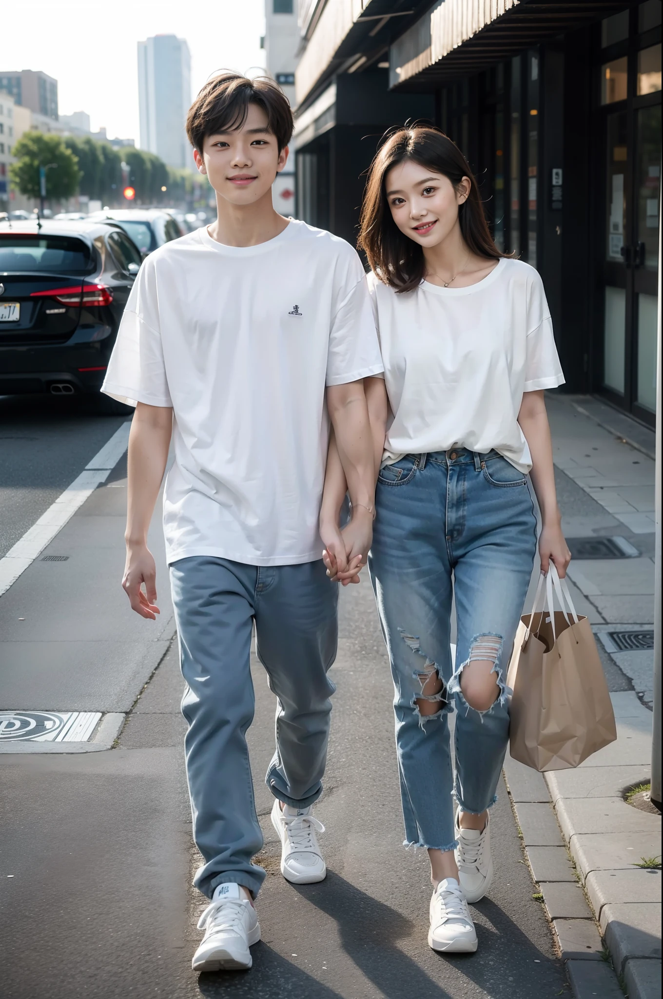 masterpiece, best quality, 2others, couple,A 42yo Chinese man with a 40 yo Japanese woman:1.5, mature, adult, Height difference, different fashion, different color, finely detailed eyes and detailed face, intricate details, casual clothes, oversized shirt, modern urban street, holding hands, smile, happy, love