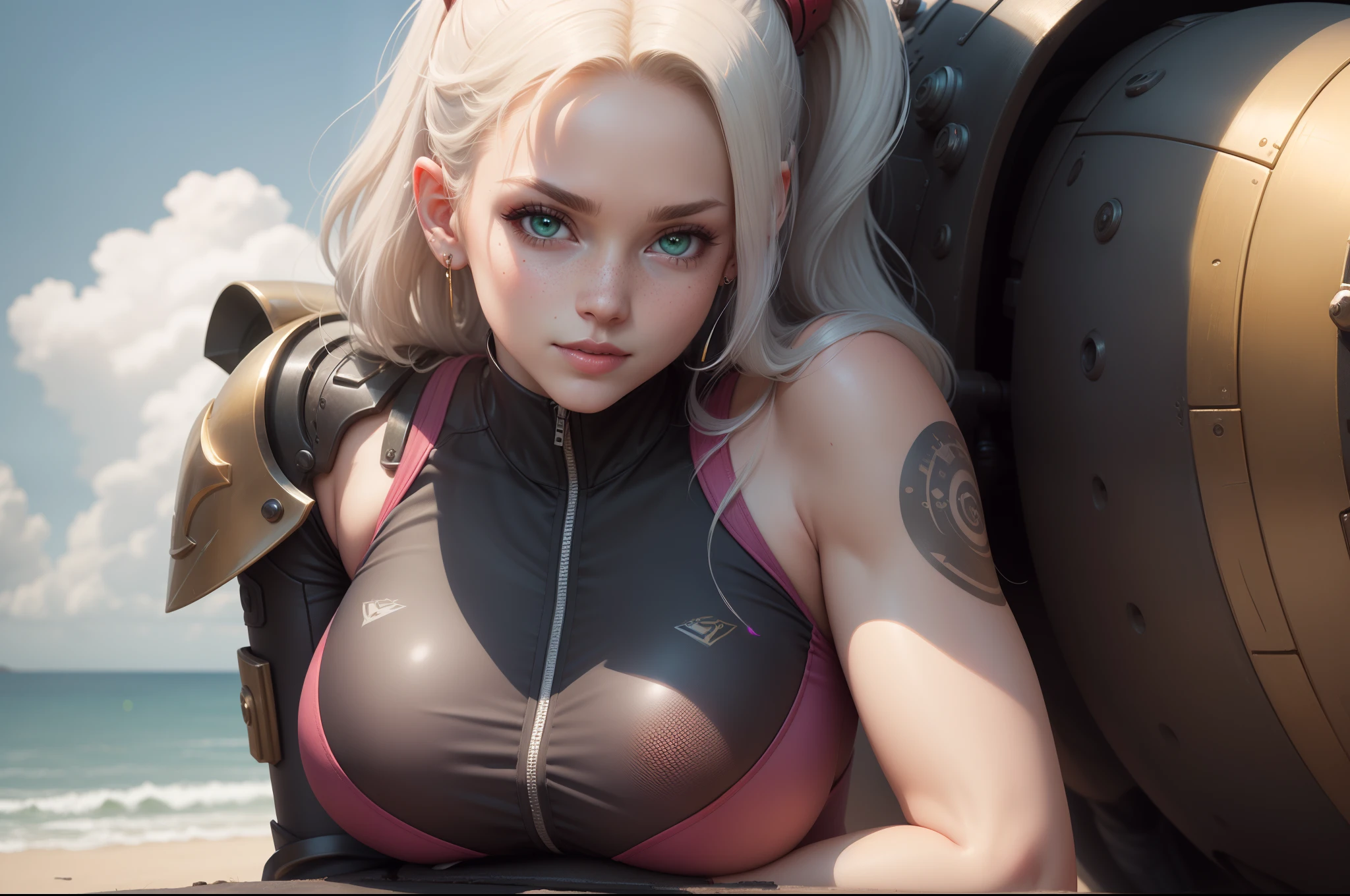 gwen tennyson,samus aran,mercy, 1girl,atelier ryza,overwatch,close up, mecha pilot,ocean view,tattoos,pink and silver plugsuit,white short sleeve lycra top,steel cargo pants,uncovered belly,super long saiyan ponytail hair,cute makeup,green eyes,dimensional golden hair,shy smile,freckles,beautiful girl,large breasts,8k,ultra detailed,realistic,fantasy art,saiyan armor,cyborg armor,steel armor,harbor shore,military uniform,ear piercings,hair pin,super saiyan girl,saiyan female,portrait close up,